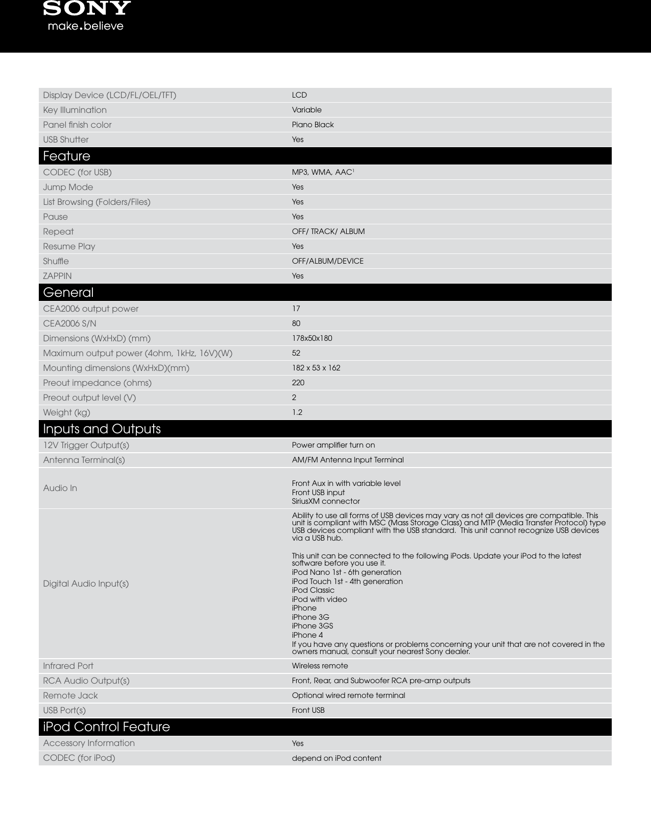 Page 4 of 6 - Sony Sony-Mex-Bt4000P-Marketing-Specifications-  Sony-mex-bt4000p-marketing-specifications