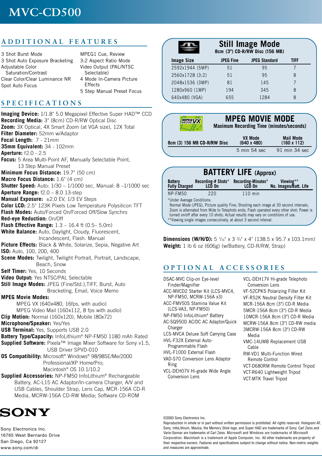 Page 2 of 2 - Sony Sony-Mvc-Cd500-Marketing-Specifications- Son 812; 3 Digital 8 Prodx  Sony-mvc-cd500-marketing-specifications