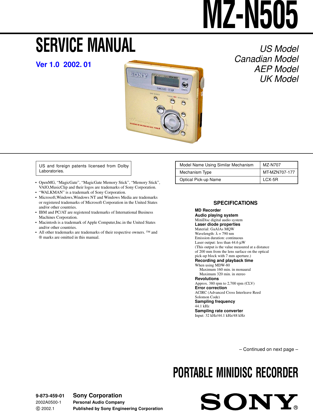 Sony Mz N505 Users Manual