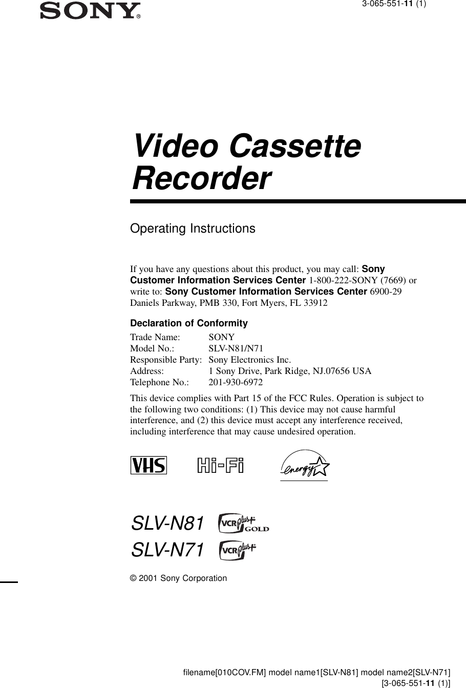 Sony SLV-N71 & SLV-N81 VHS VCR Service Manual on CD in PDF Format 
