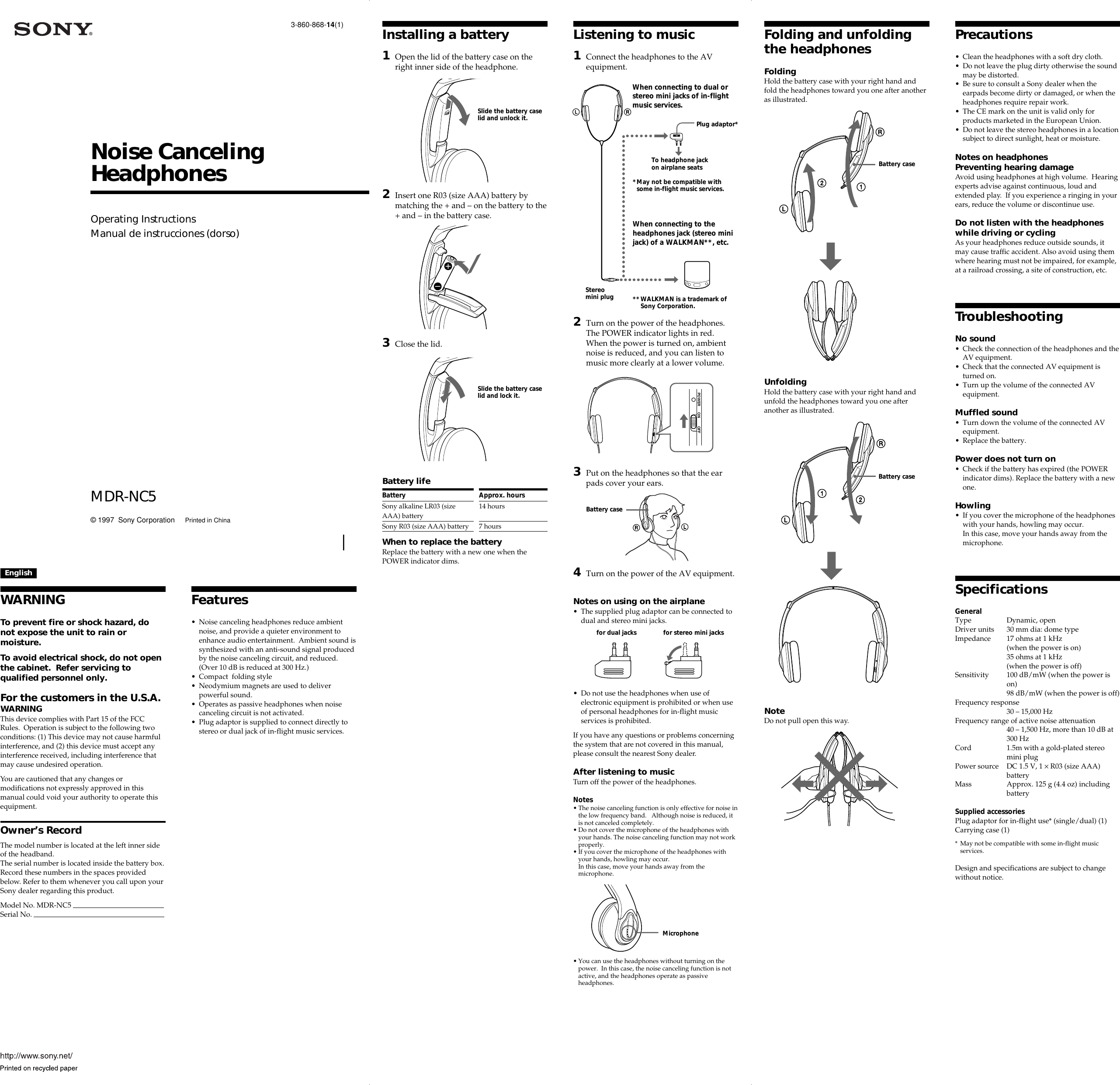 Page 1 of 2 - Sony Sony-Noise-Cancelling-Mdr-Nc5-Users-Manual- MDR-NC5 Sony-noise-cancelling-mdr-nc5-users-manual