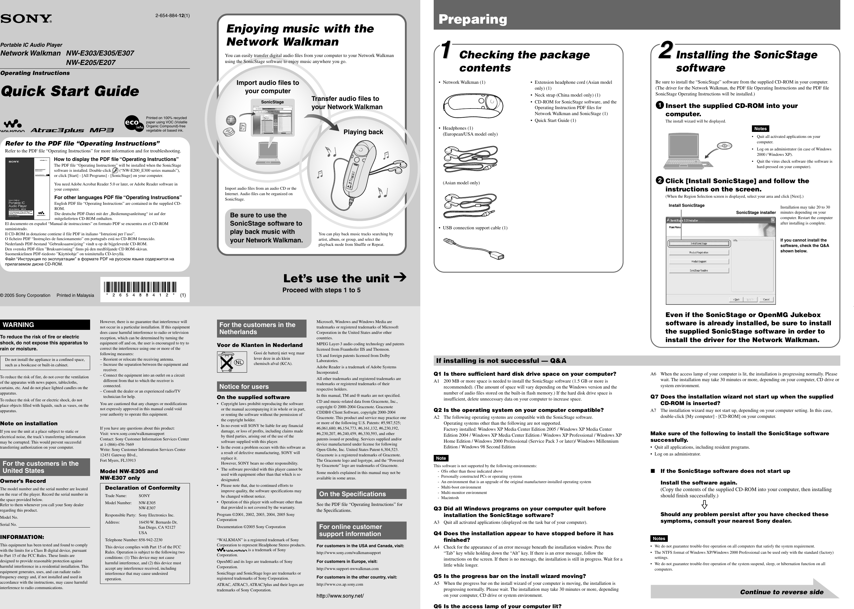 Page 1 of 2 - Sony Sony-Nw-E205-Quick-Start-Manual- NW-E303/E305/E307/E205/E207  Sony-nw-e205-quick-start-manual