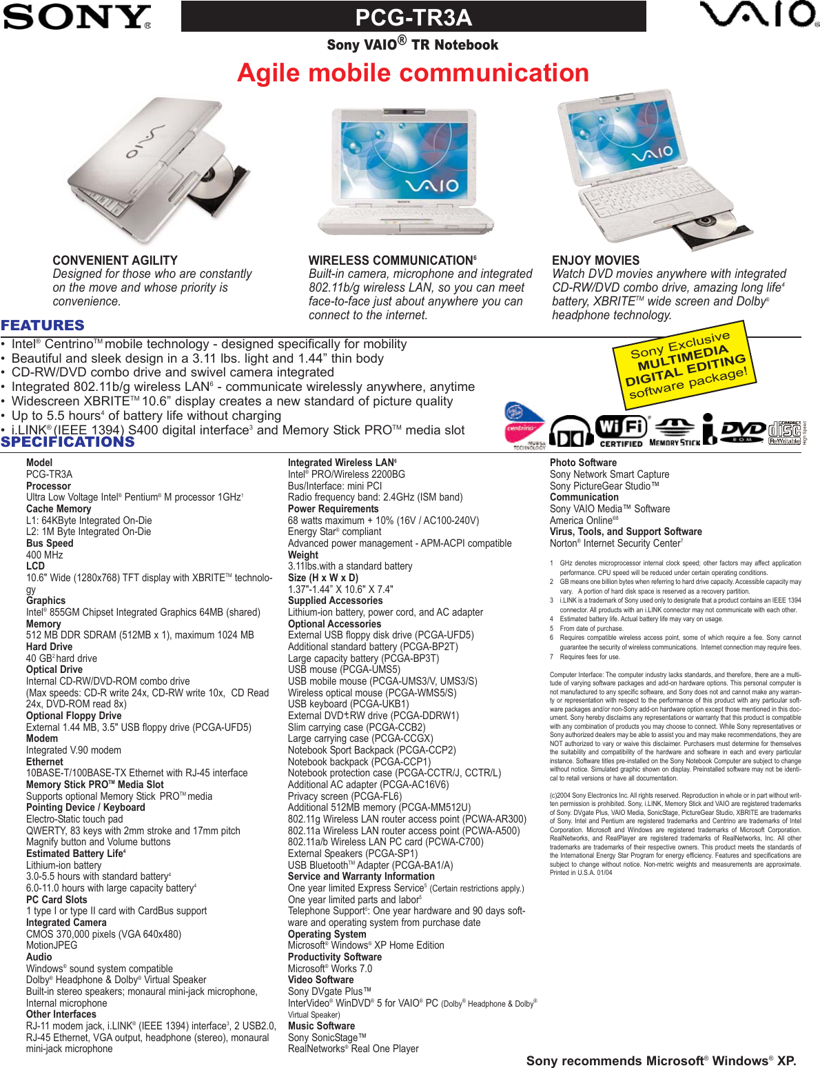 Page 1 of 1 - Sony Sony-Pcg-Tr3A-Marketing-Specifications- TR3A Specs  Sony-pcg-tr3a-marketing-specifications