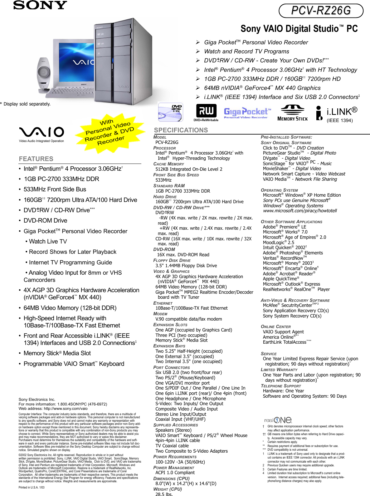 Sony Pcv Rz26g Marketing Specifications Spec Sheet 2667