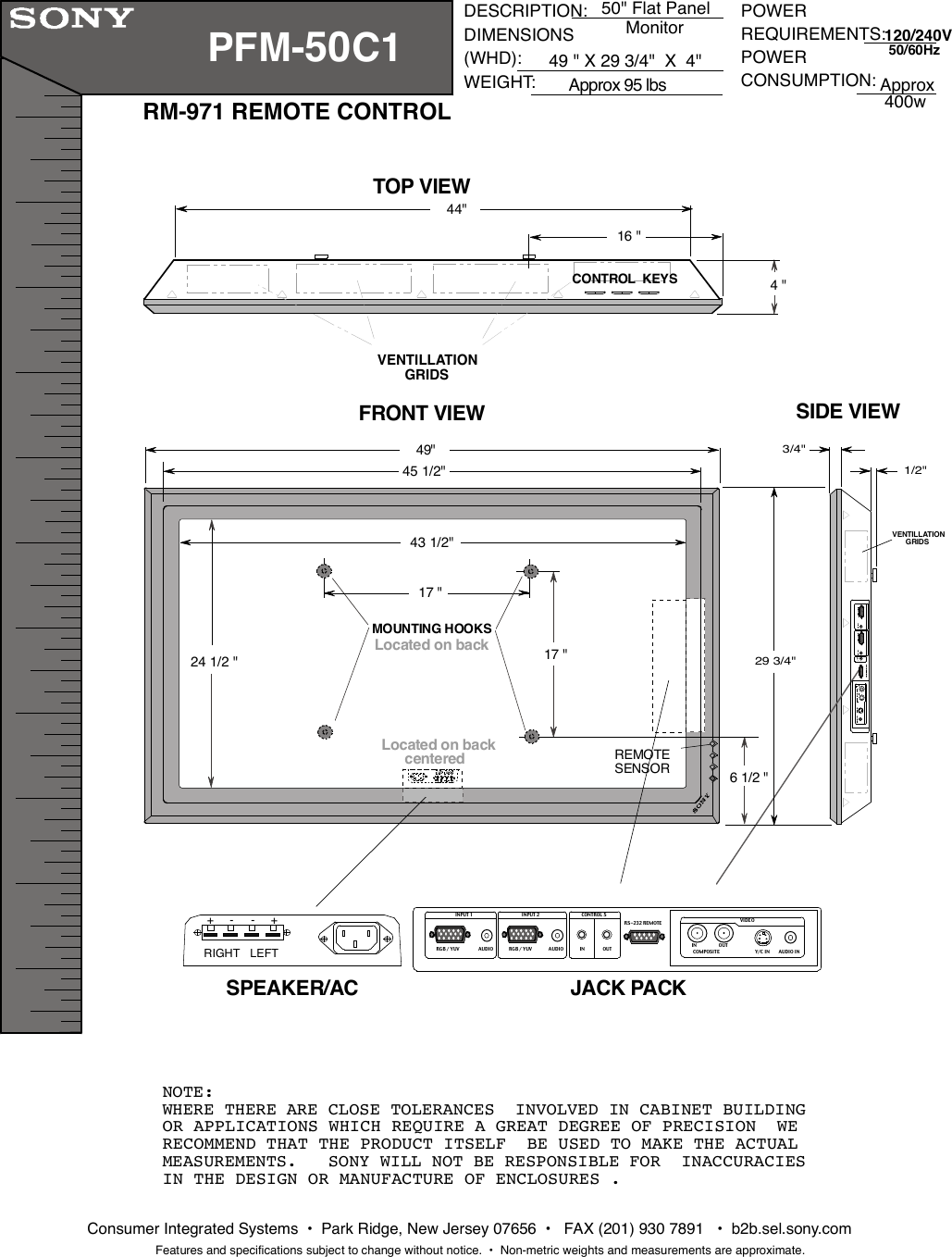 Page 1 of 1 - Sony Sony-Pfm-50C1-Dimensions-Diagram- Sony-pfm-50c1-dimensions-diagram