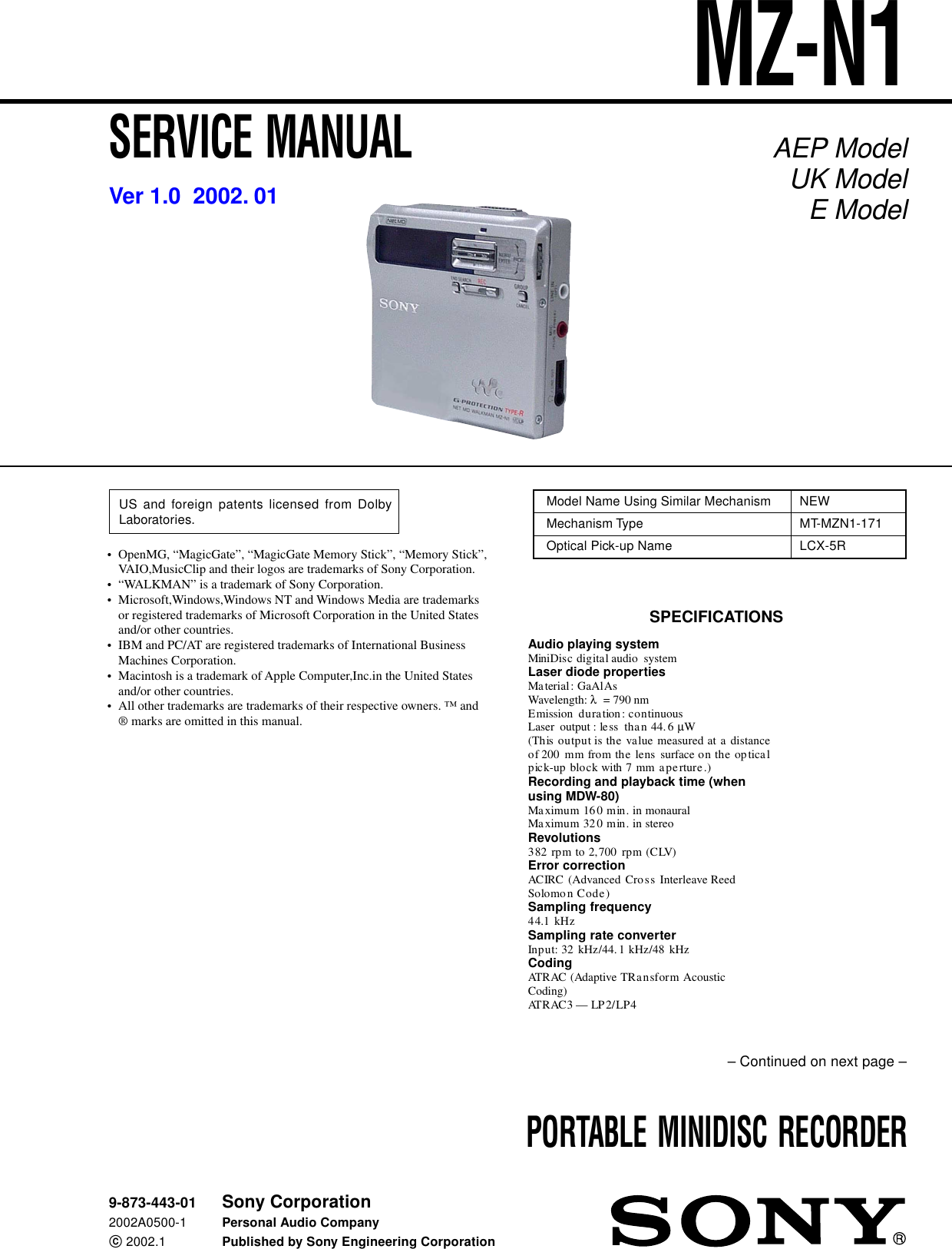 Sony MZ-M100 Hi-MD Enregistreur MiniDisc Portable (noir) - Pour Pièces Ou Réparation