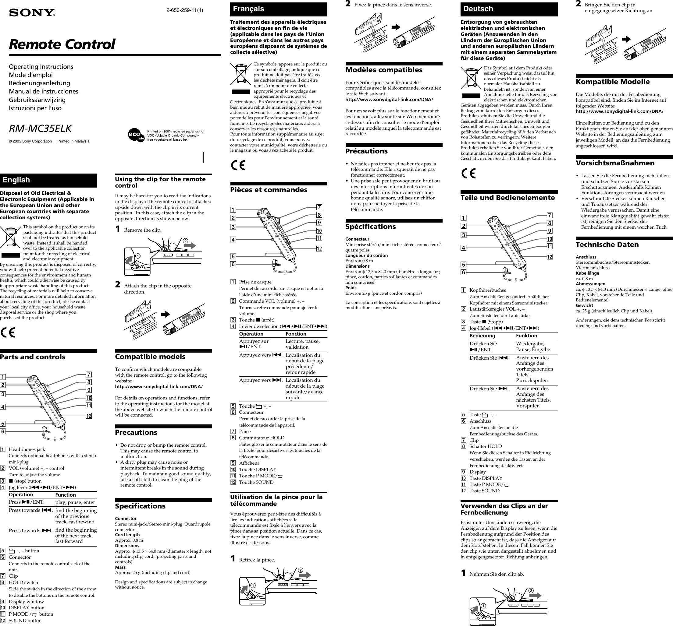 Notice SONY RM-MC35ELK - télécommande Trouver une solution à un