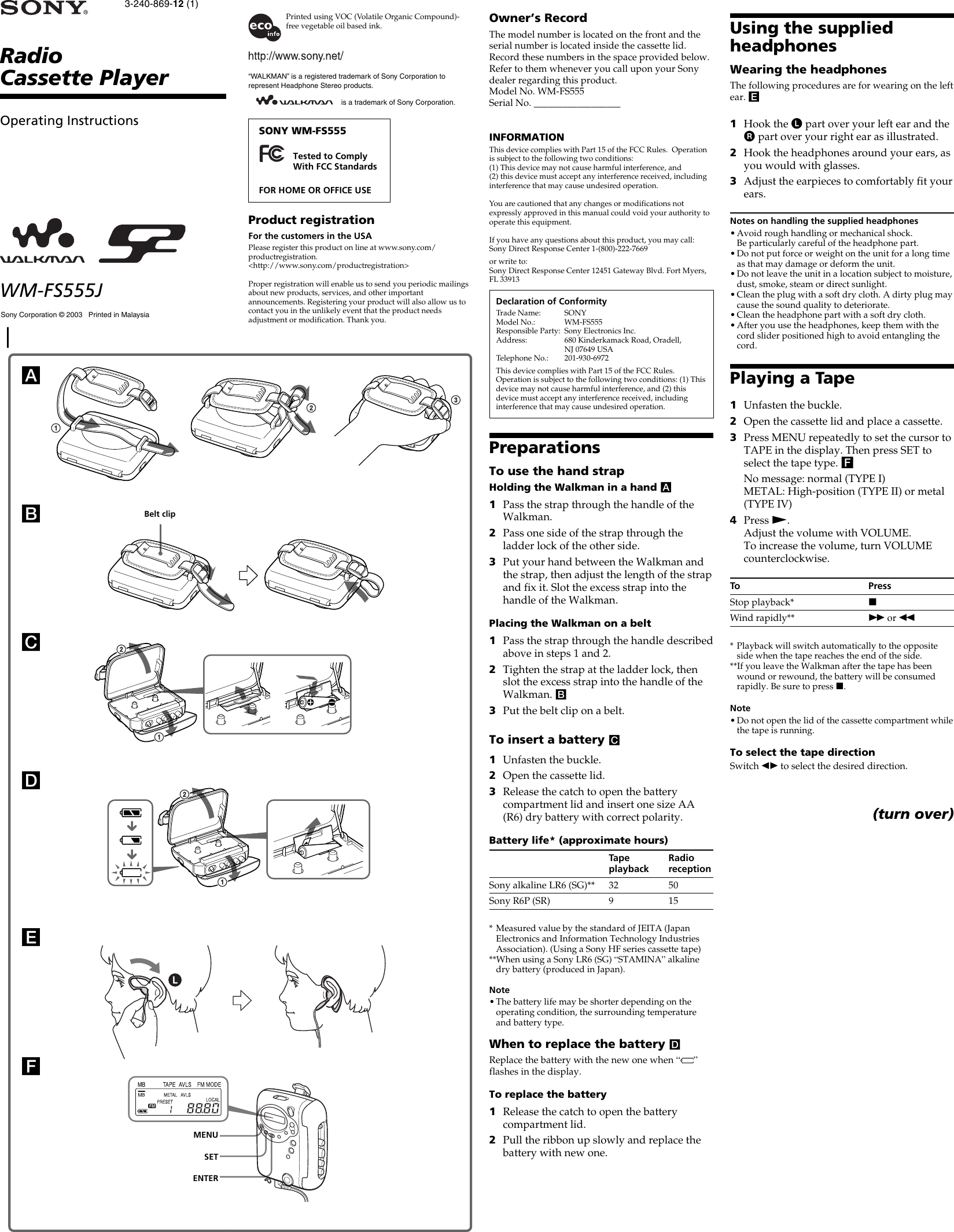 Page 1 of 2 - Sony Sony-S2-Sports-Walkman-Wm-Fs555-Users-Manual- WM-FS555J  Sony-s2-sports-walkman-wm-fs555-users-manual