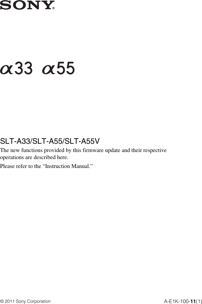 Page 1 of 7 - Sony Sony-Slt-A55V-Update-Manual- SLT-A33/SLT-A55/SLT-A55V  Sony-slt-a55v-update-manual