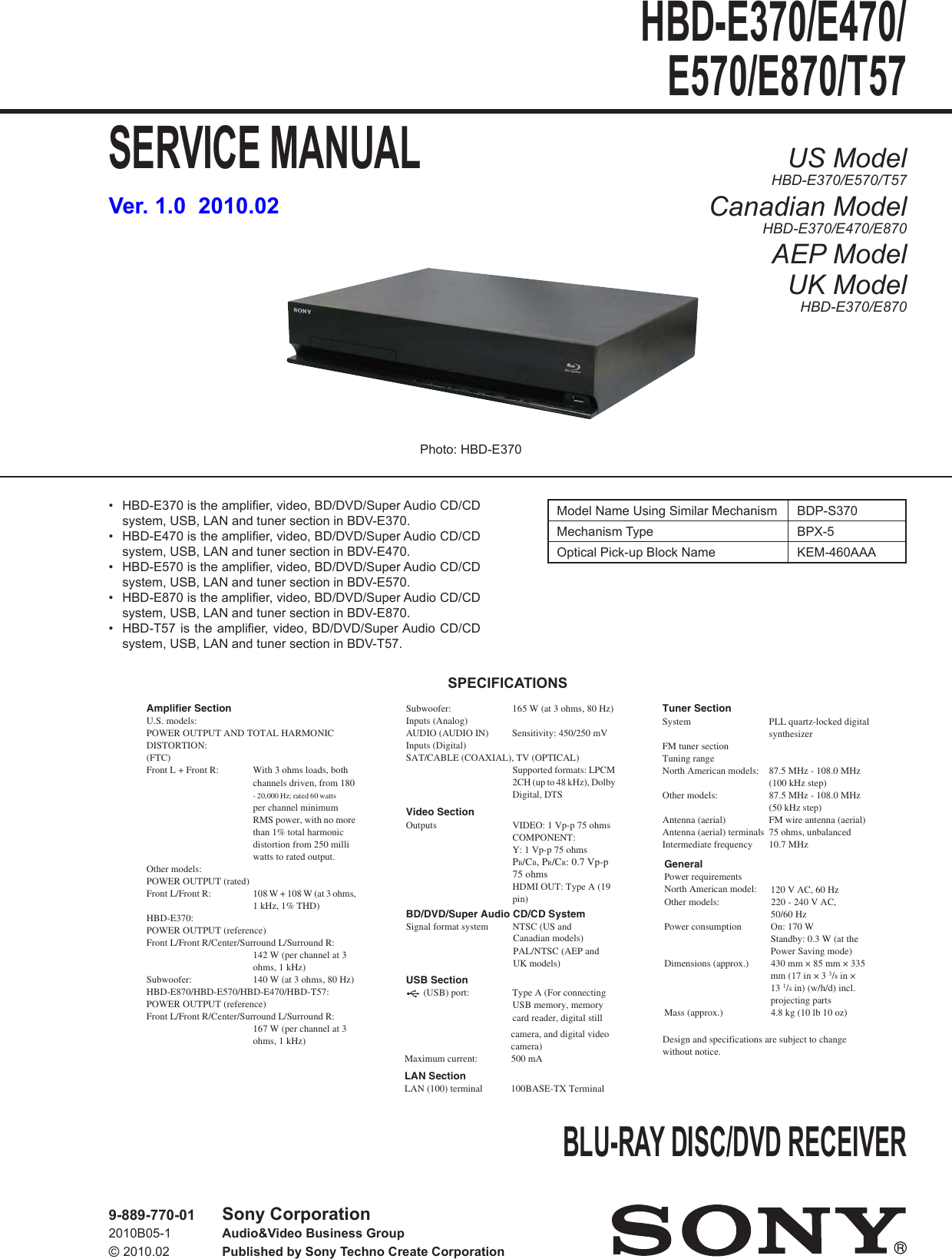 Sony Blu Ray Disc Dvd Receiver Hbd E370 E470 E570 E870 T57 Users Manual