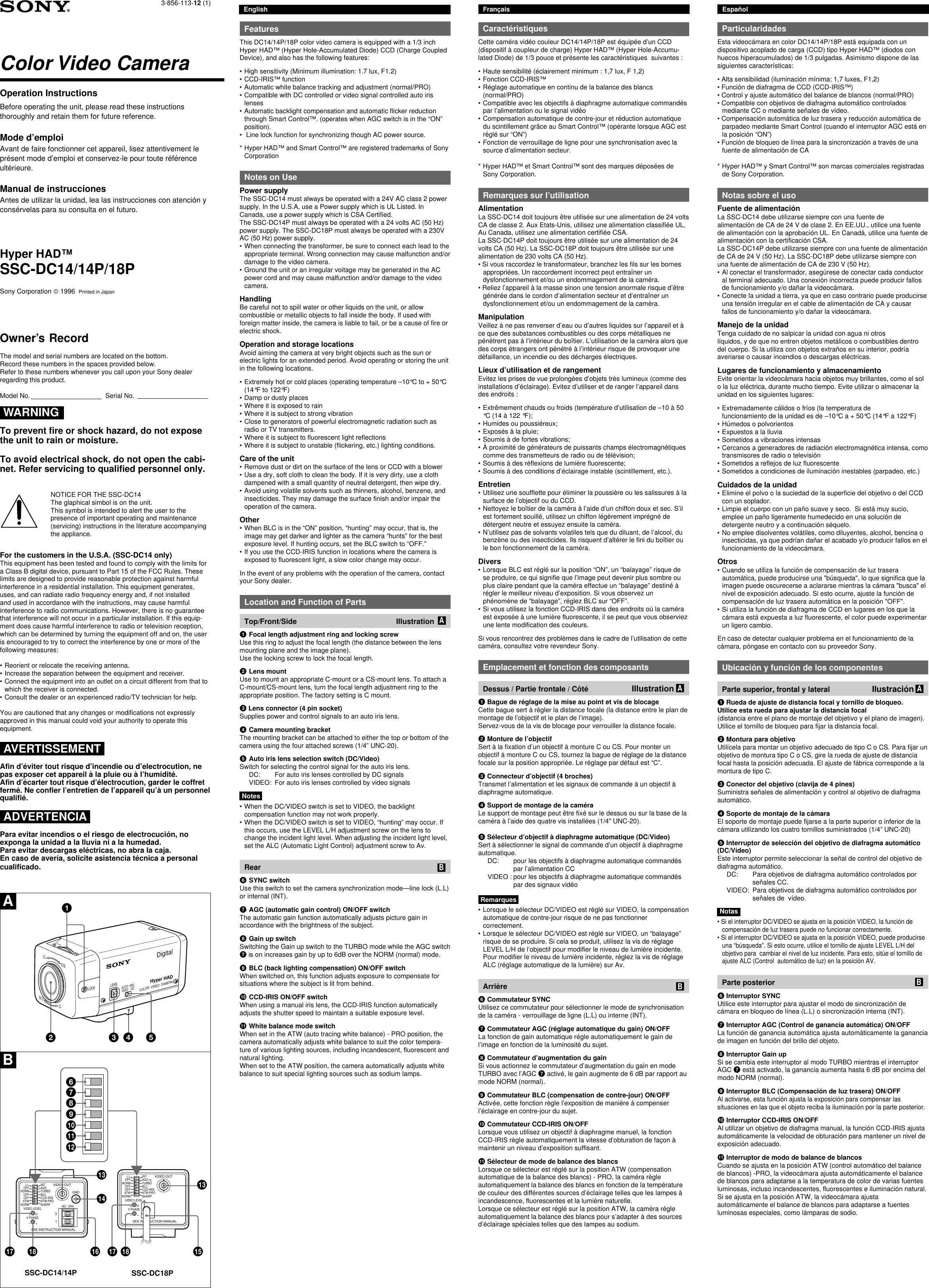 Page 1 of 2 - Sony Sony-Sony-Camcorder-3-856-113-12-1-Users-Manual- SSC-DC14/14P/18P  Sony-sony-camcorder-3-856-113-12-1-users-manual