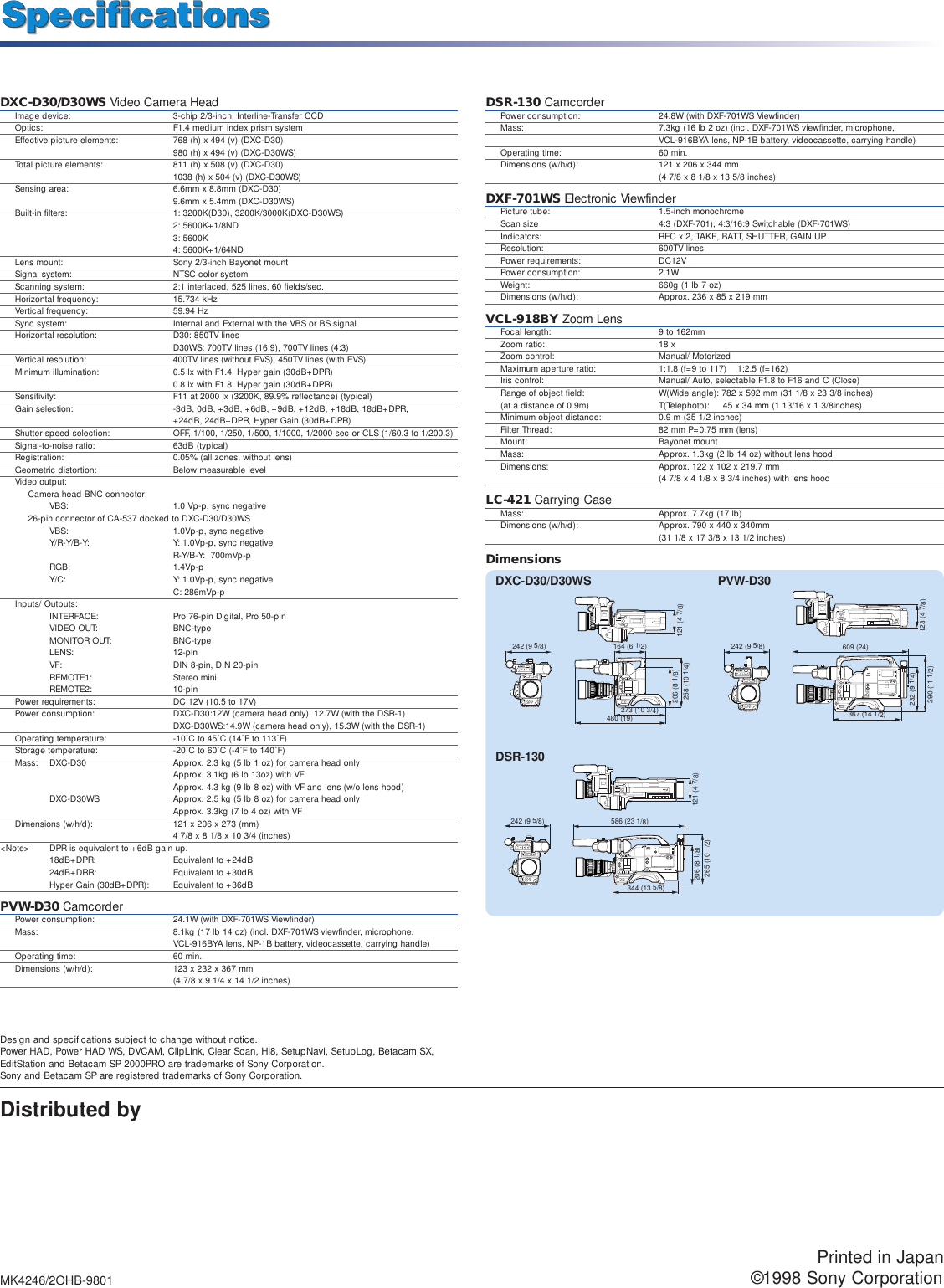 Page 12 of 12 - Sony Sony-Sony-Camcorder-Dxc-D30-Users-Manual- DXC-30 (NTSC)  Sony-sony-camcorder-dxc-d30-users-manual