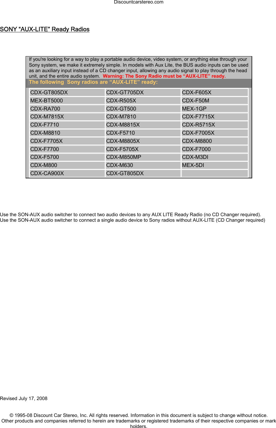 Page 2 of 2 - Sony Sony-Sony-Car-Stereo-System-Pxa07-Users-Manual Son-auxlite