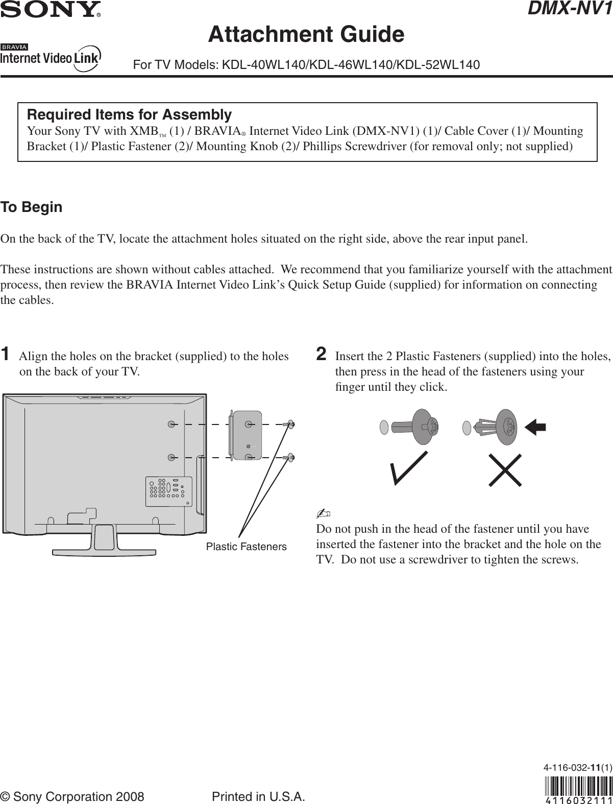 Page 1 of 2 - Sony Sony-Sony-Flat-Panel-Television-Dmx-Nv1-Users-Manual- KDL-40WL140/KDL-46WL140/KDL-52WL140  Sony-sony-flat-panel-television-dmx-nv1-users-manual