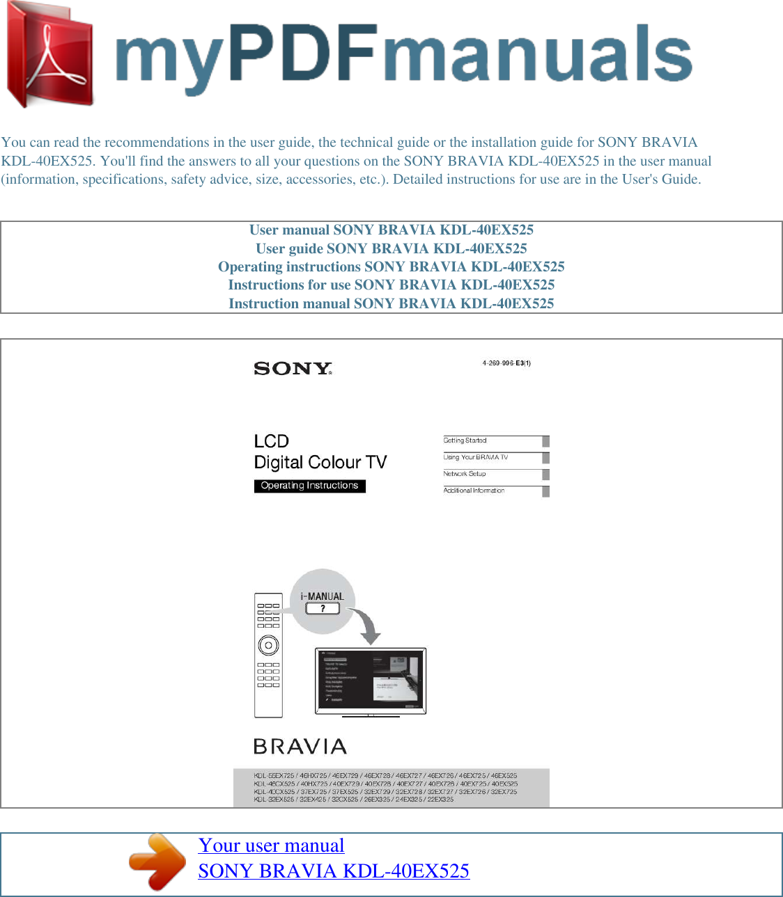 Page 1 of 2 - Sony Sony-Sony-Flat-Panel-Television-Kdl-40Ex525-Users-Manual- User Manual BRAVIA KDL-40EX525  Sony-sony-flat-panel-television-kdl-40ex525-users-manual