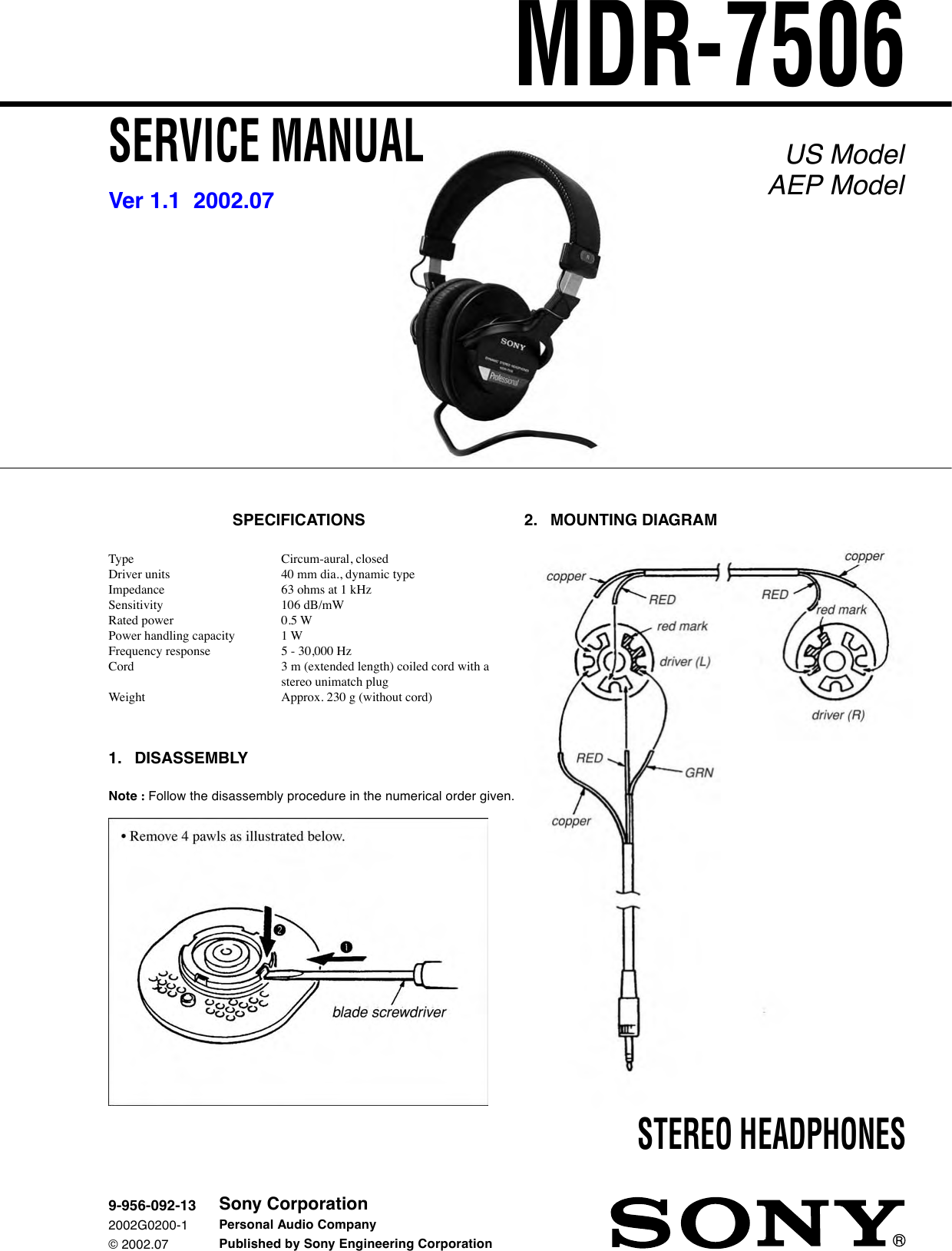 Page 1 of 4 - Sony Sony-Sony-Headphones-Mdr-7506-Users-Manual- MDR-7506 Service Manual And Repair Parts List  Sony-sony-headphones-mdr-7506-users-manual