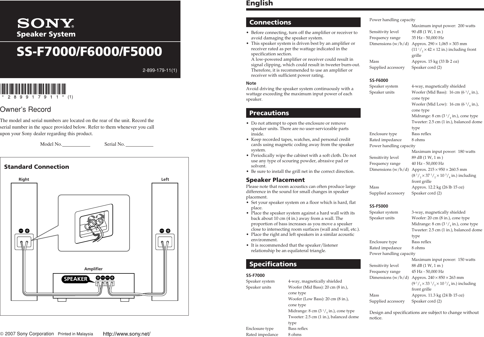 Sony Ss F6000 Floor Standing Speaker Ssf6000 Users Manual F7000