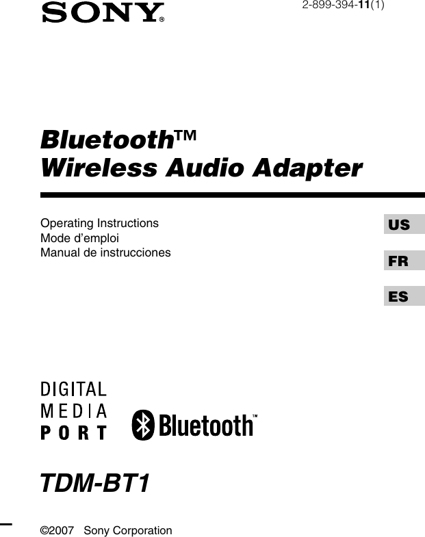 Sony Tdm Bt1 Digital Media Port Bluetooth Wireless Adapter Users Manual