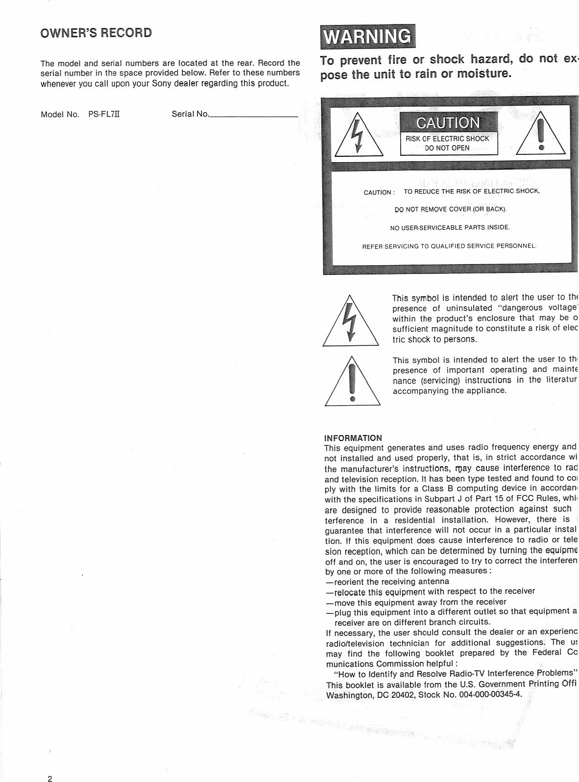 Page 2 of 11 - Sony Sony-Sony-Turntable-Ps-Fl7-Ii-Users-Manual-  Sony-sony-turntable-ps-fl7-ii-users-manual