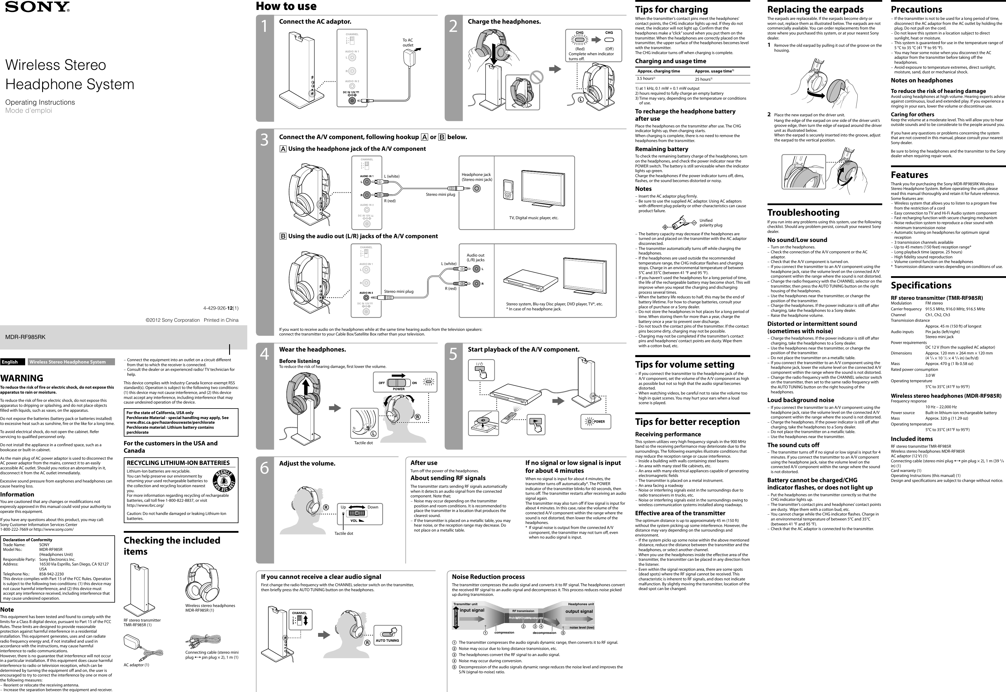 Page 1 of 2 - Sony Sony-Sony-Wireless-Rf-Headphone-Mdr-Rf985Rk-Users-Manual- MDR-RF985RK  Sony-sony-wireless-rf-headphone-mdr-rf985rk-users-manual