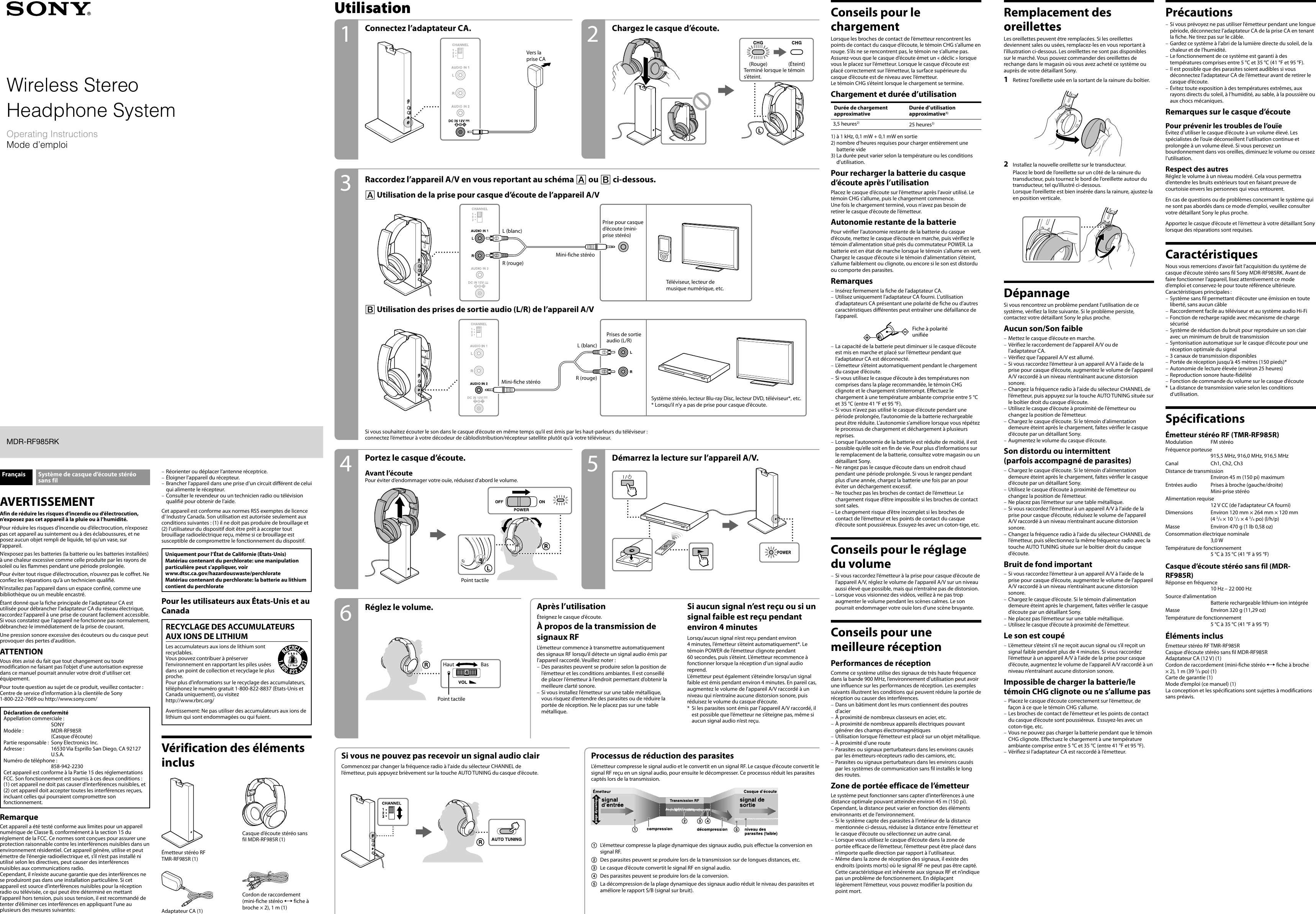 Sony Mdrrf985rk Wireless Rf Headphone User Manual