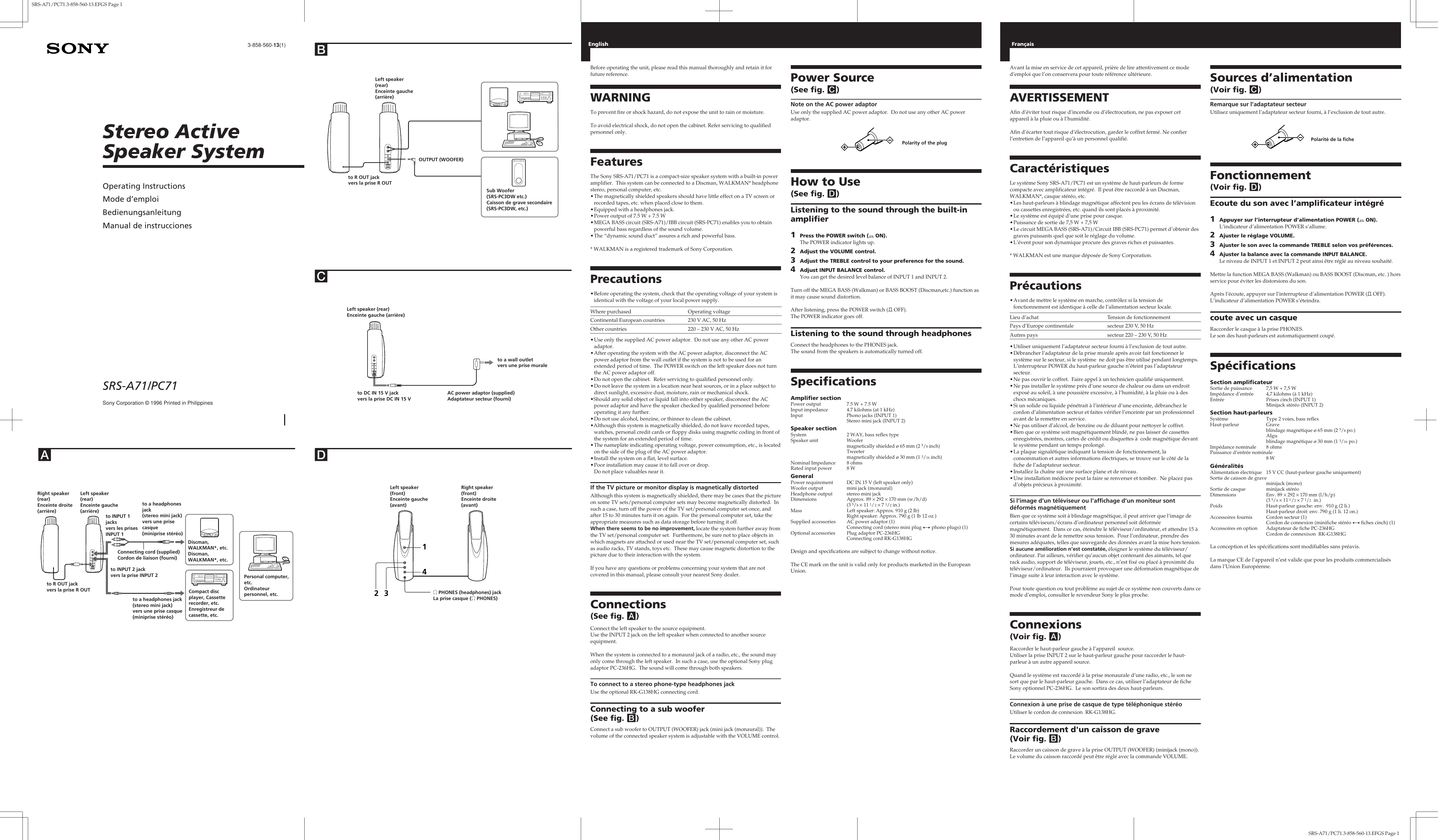Page 1 of 2 - Sony Sony-Srs-A71-Users-Manual- SRSA71/PC71  Sony-srs-a71-users-manual