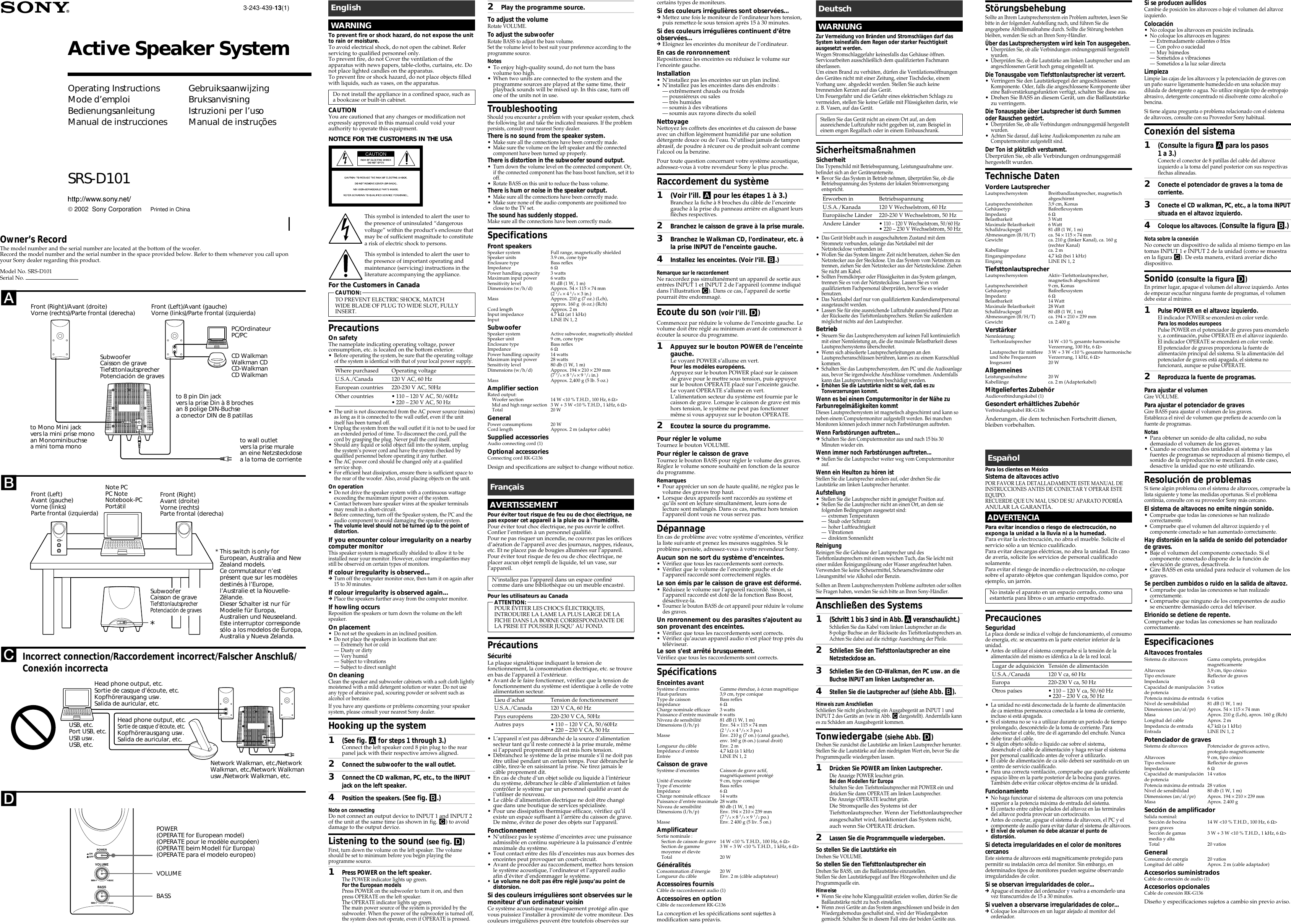 Page 1 of 2 - Sony Sony-Srs-D101-Users-Manual- SRS-D101  Sony-srs-d101-users-manual