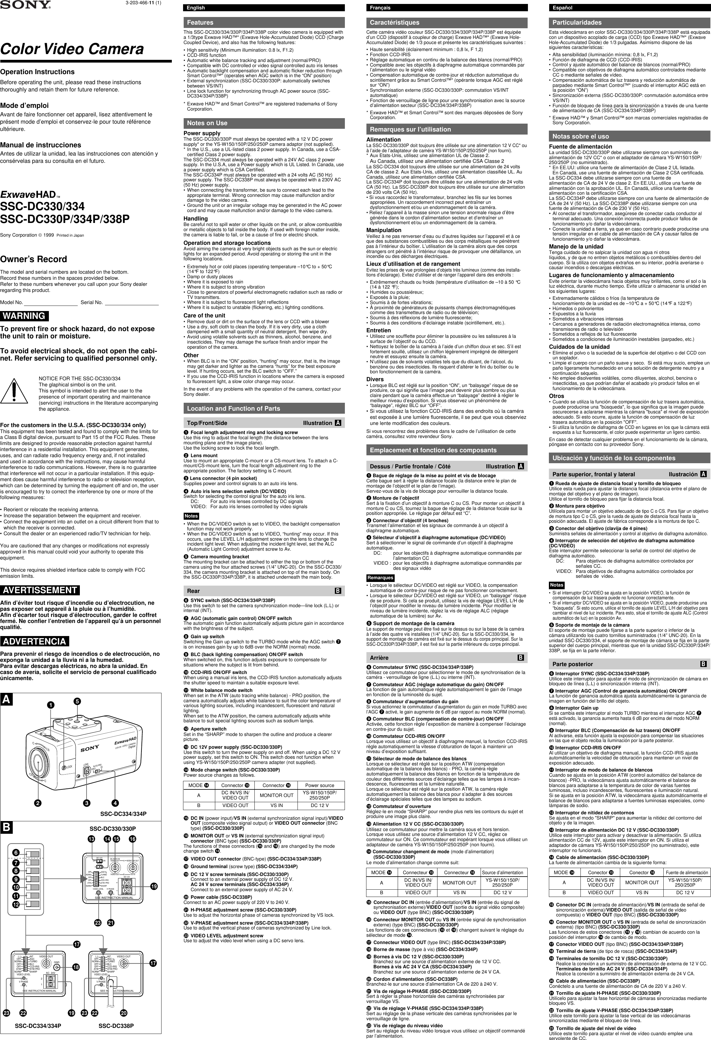 Page 1 of 2 - Sony Sony-Ssc-Dc330-Users-Manual- SSC-DC330/334/SSC-DC330P/334P338P Sony-ssc-dc330-users-manual