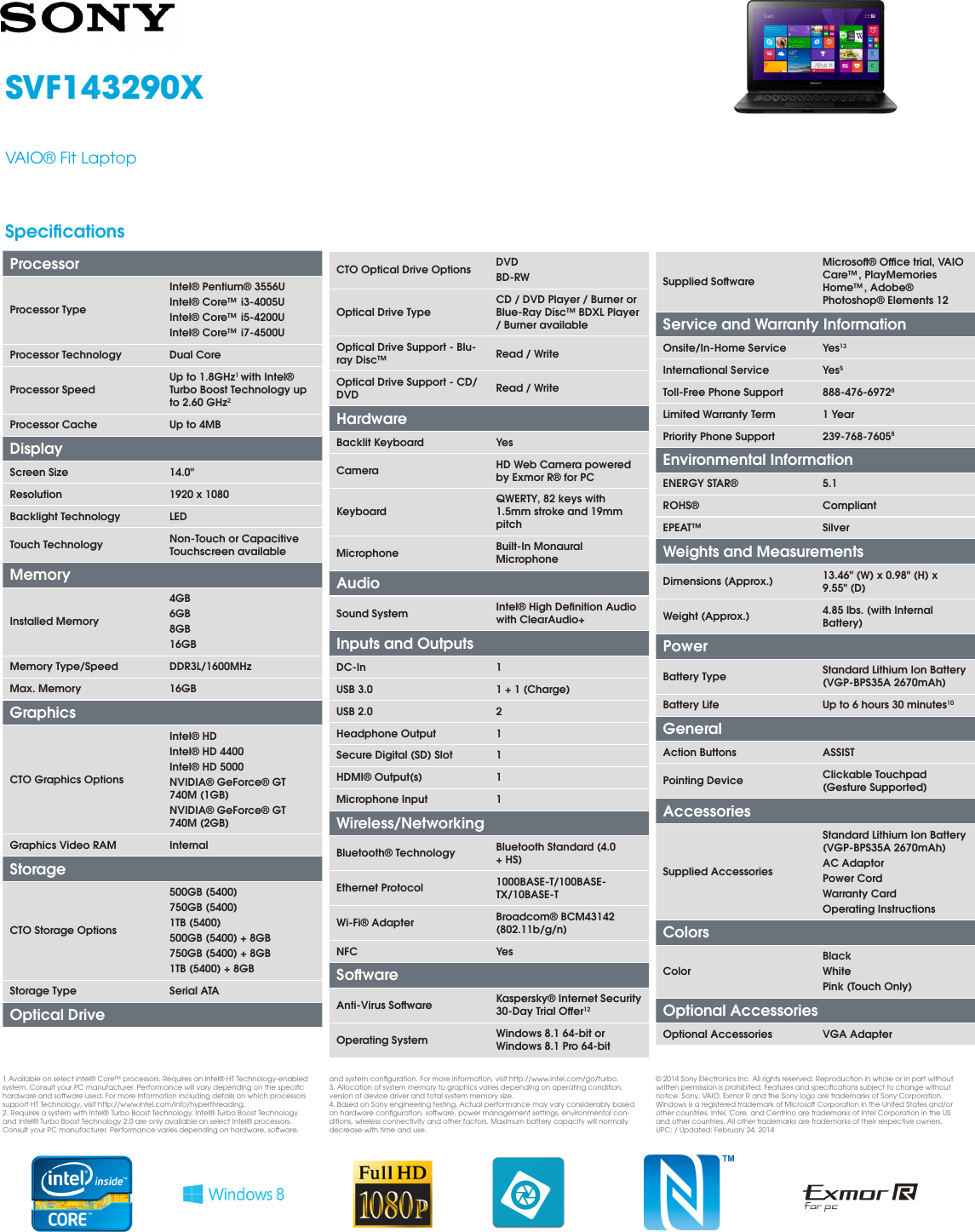 Page 1 of 1 - Sony Sony-Svf143290X-Marketing-Specifications-  Sony-svf143290x-marketing-specifications