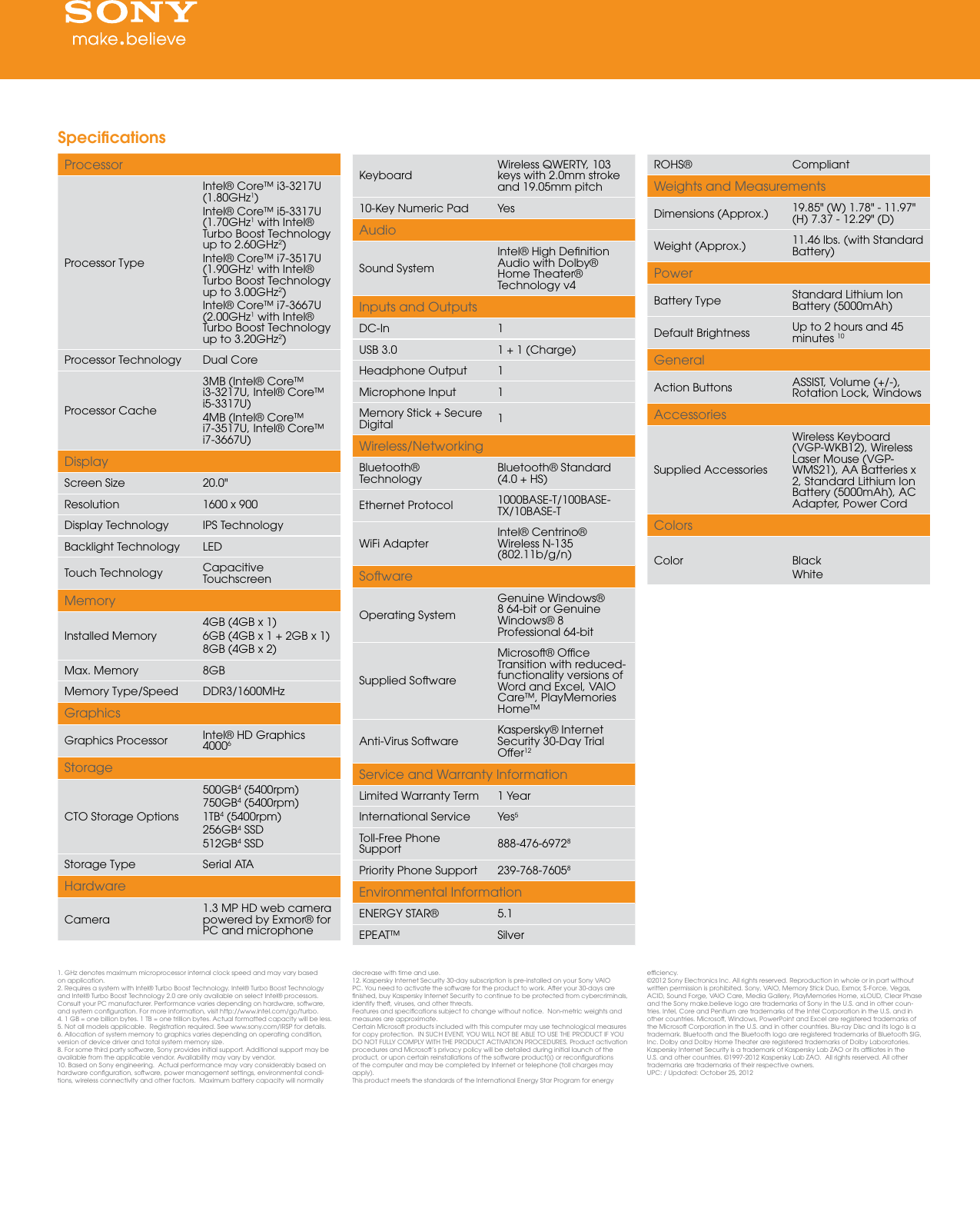 Page 2 of 2 - Sony Sony-Svj202190X-Marketing-Specifications-  Sony-svj202190x-marketing-specifications