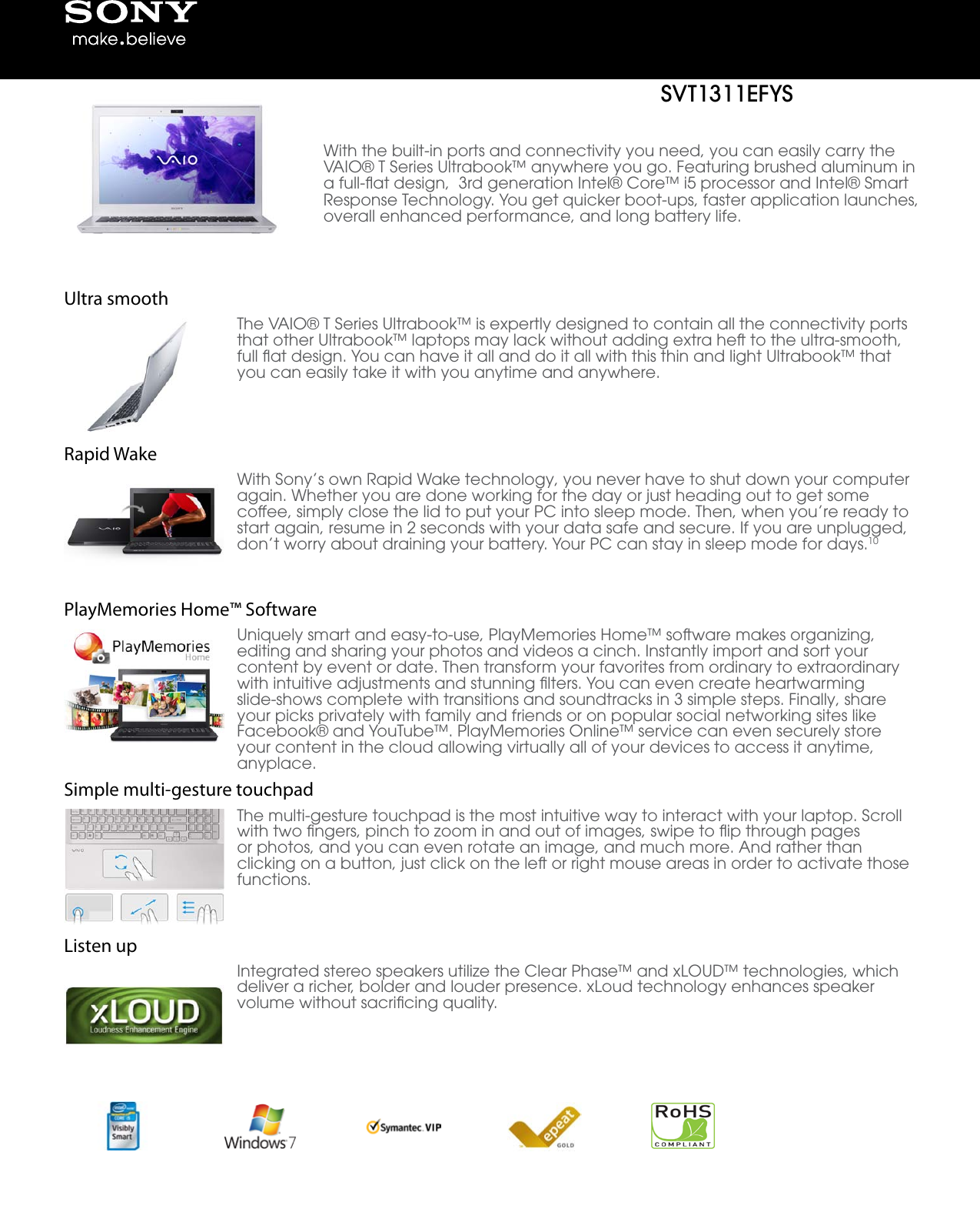Page 1 of 2 - Sony Sony-Svt1311Efys-Marketing-Specifications-  Sony-svt1311efys-marketing-specifications