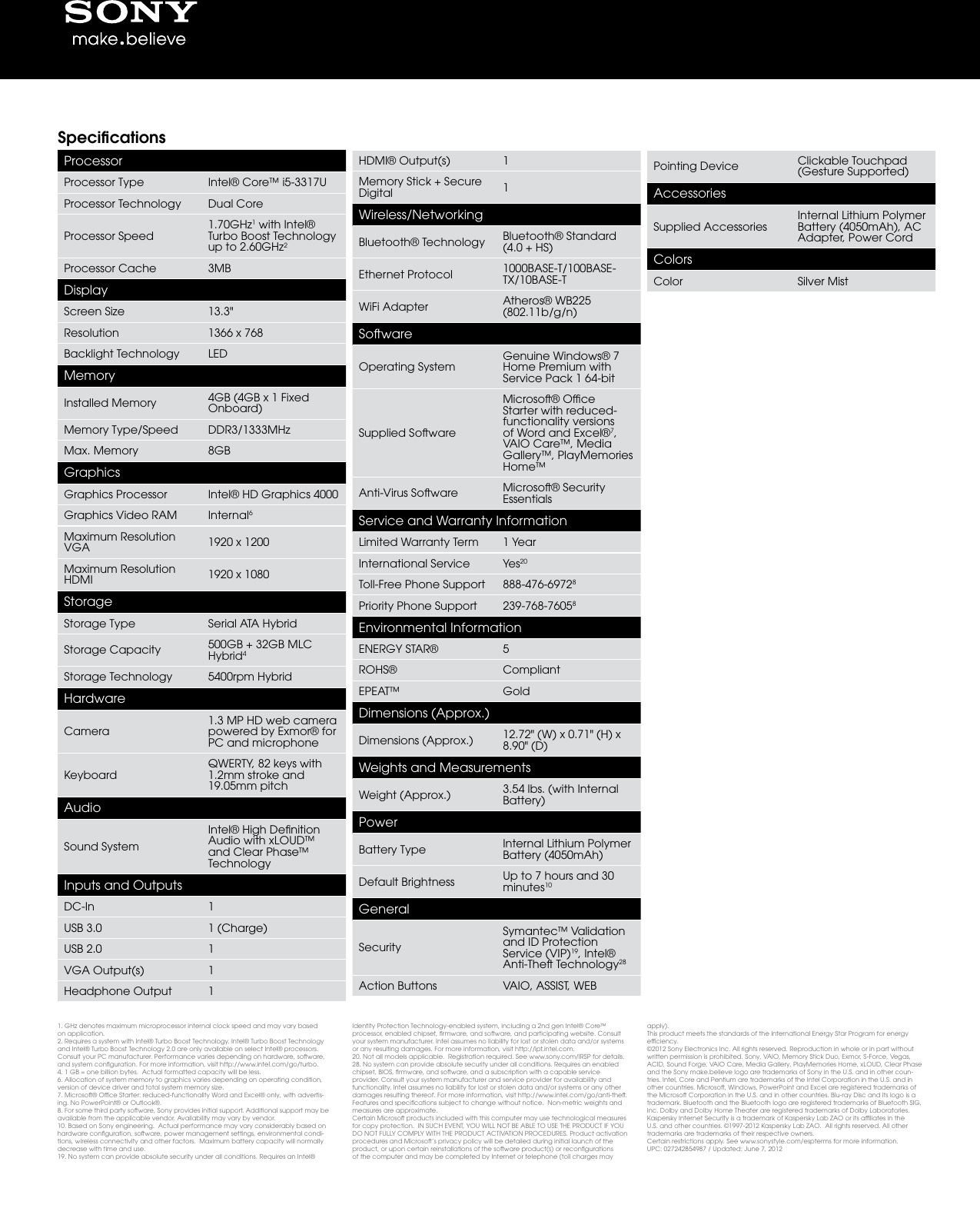 Page 2 of 2 - Sony Sony-Svt1311Efys-Marketing-Specifications-  Sony-svt1311efys-marketing-specifications
