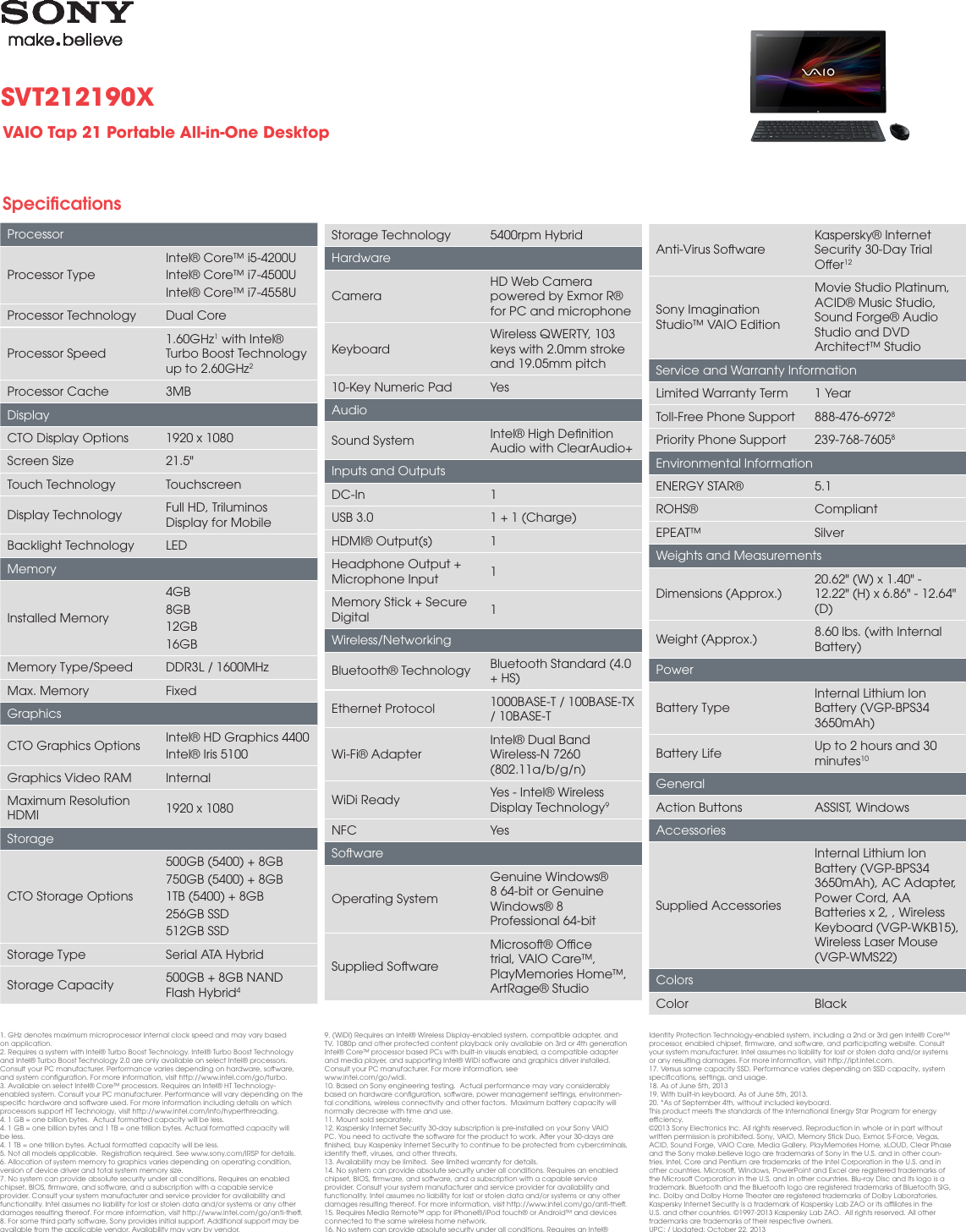 Page 1 of 2 - Sony Sony-Svt212190X-Marketing-Specifications-  Sony-svt212190x-marketing-specifications