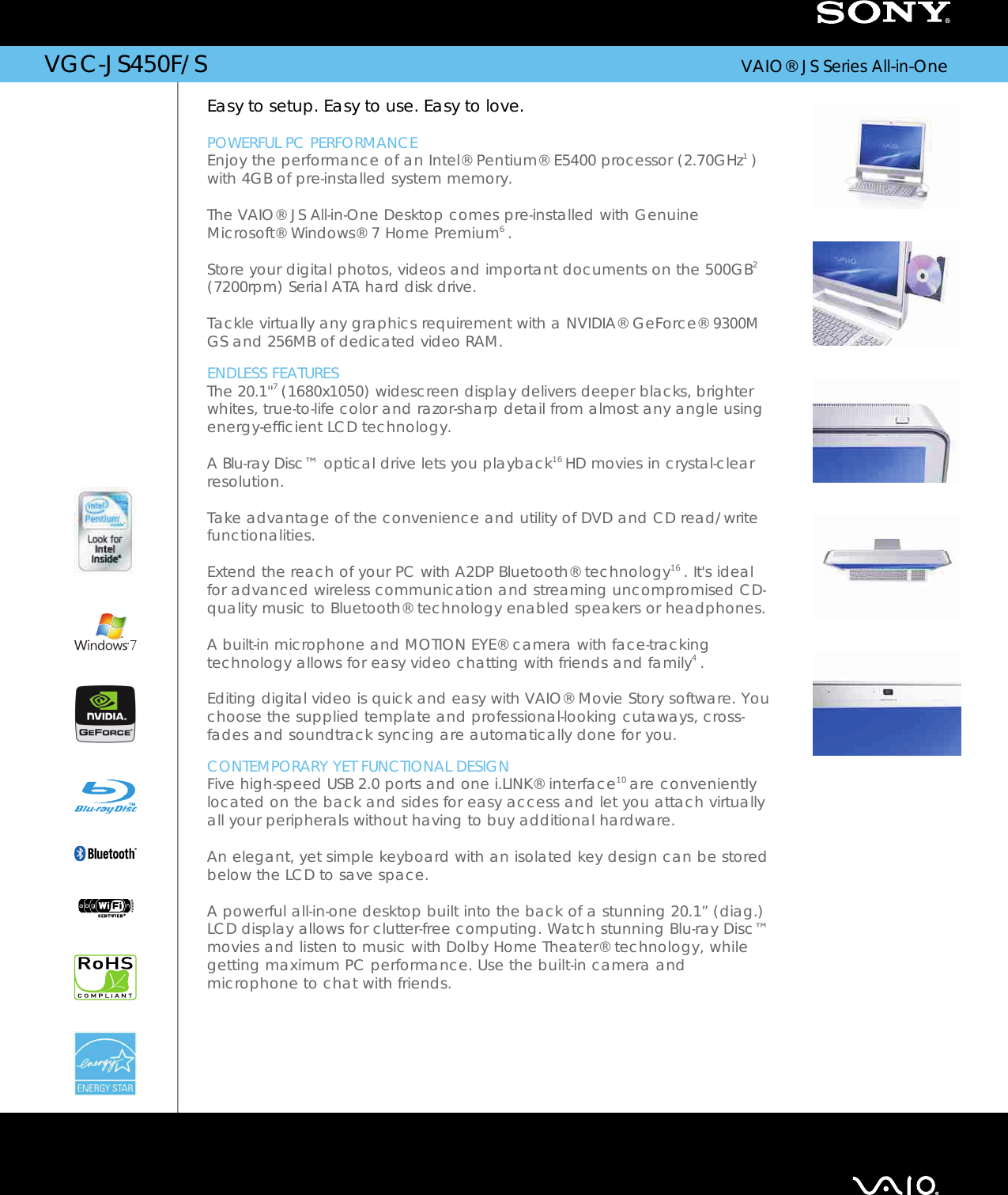 Page 1 of 2 - Sony Sony-Vgc-Js450F-S-Marketing-Specifications-  Sony-vgc-js450f-s-marketing-specifications