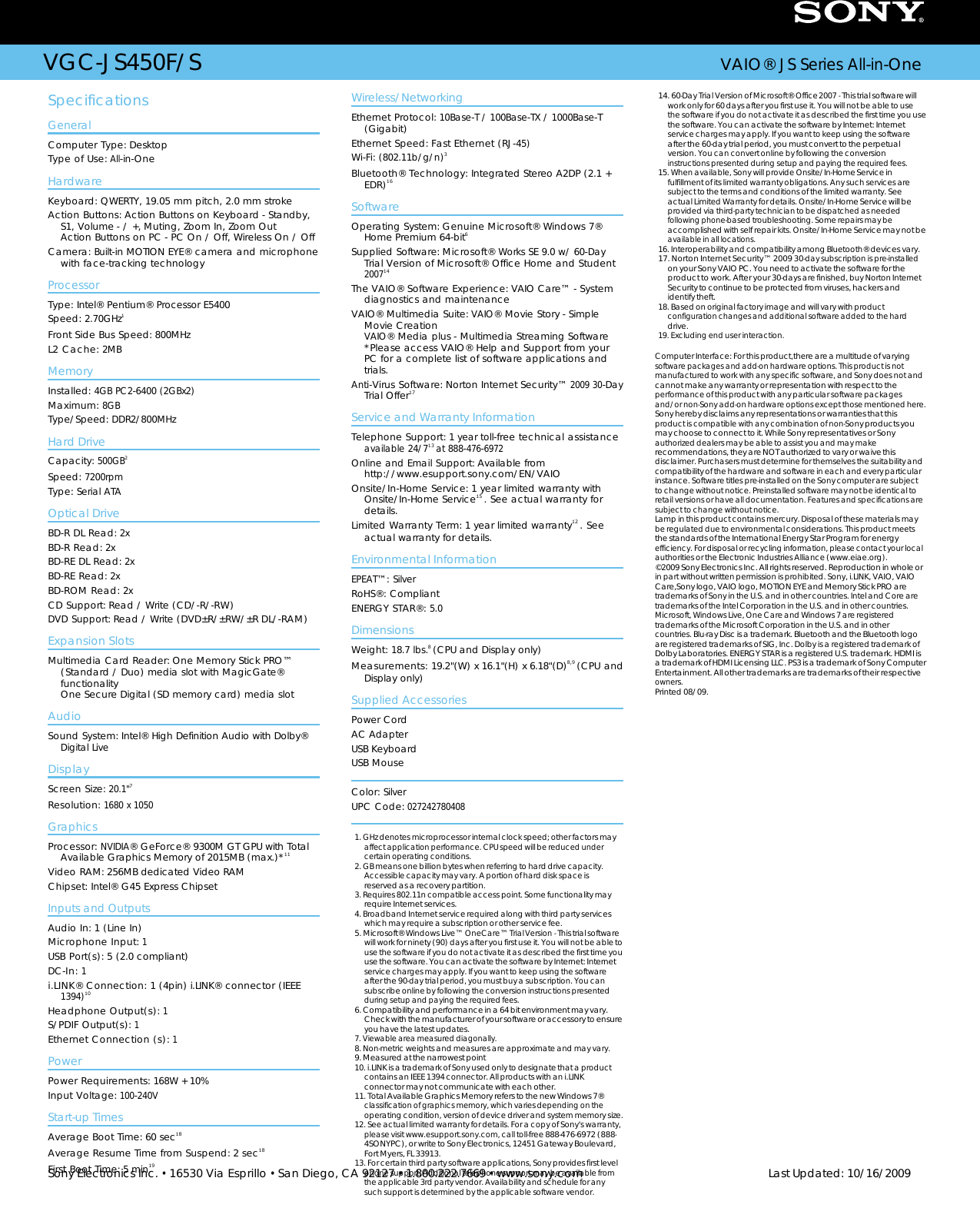 Page 2 of 2 - Sony Sony-Vgc-Js450F-S-Marketing-Specifications-  Sony-vgc-js450f-s-marketing-specifications
