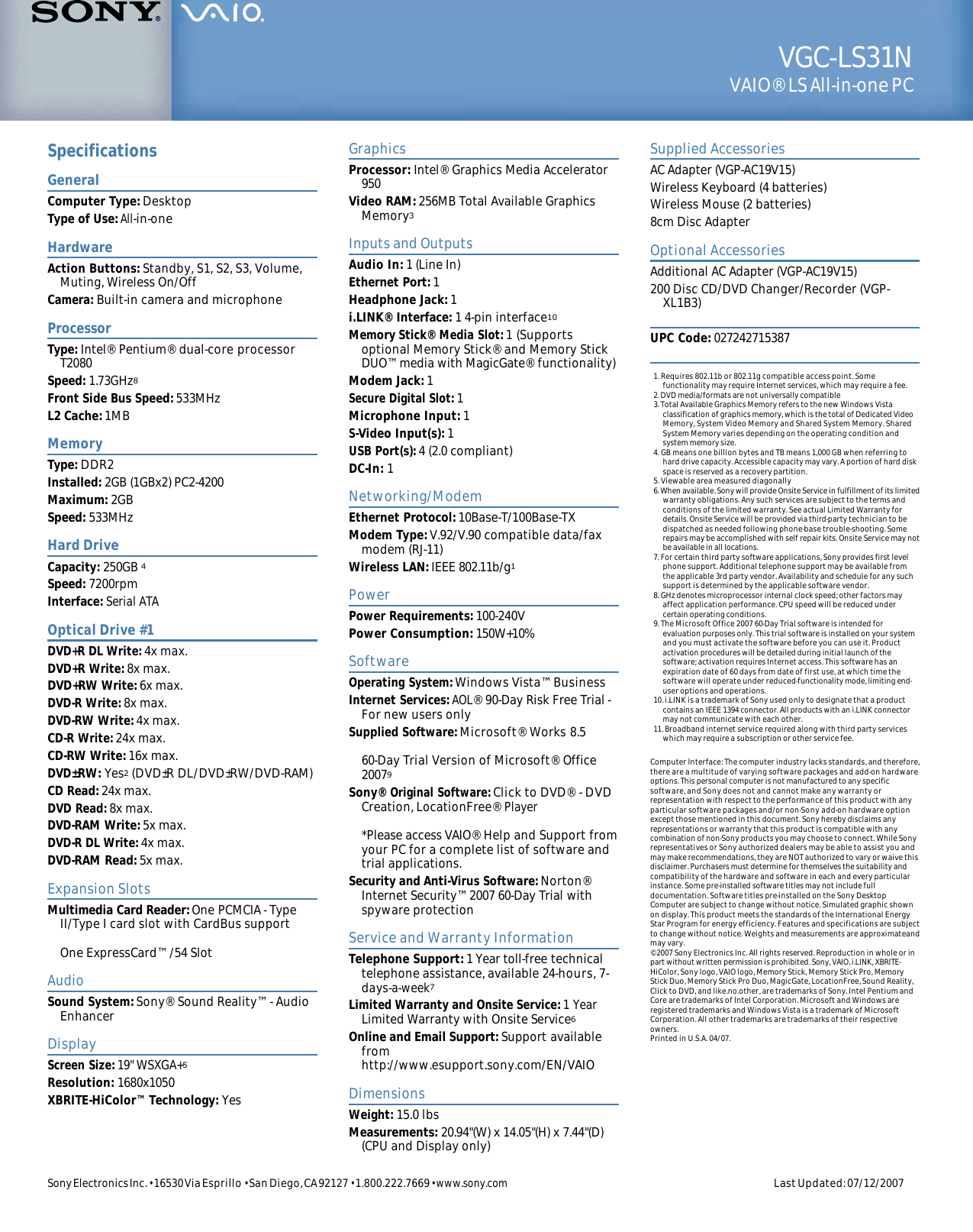 Page 2 of 2 - Sony Sony-Vgc-Ls31N-Marketing-Specifications-  Sony-vgc-ls31n-marketing-specifications