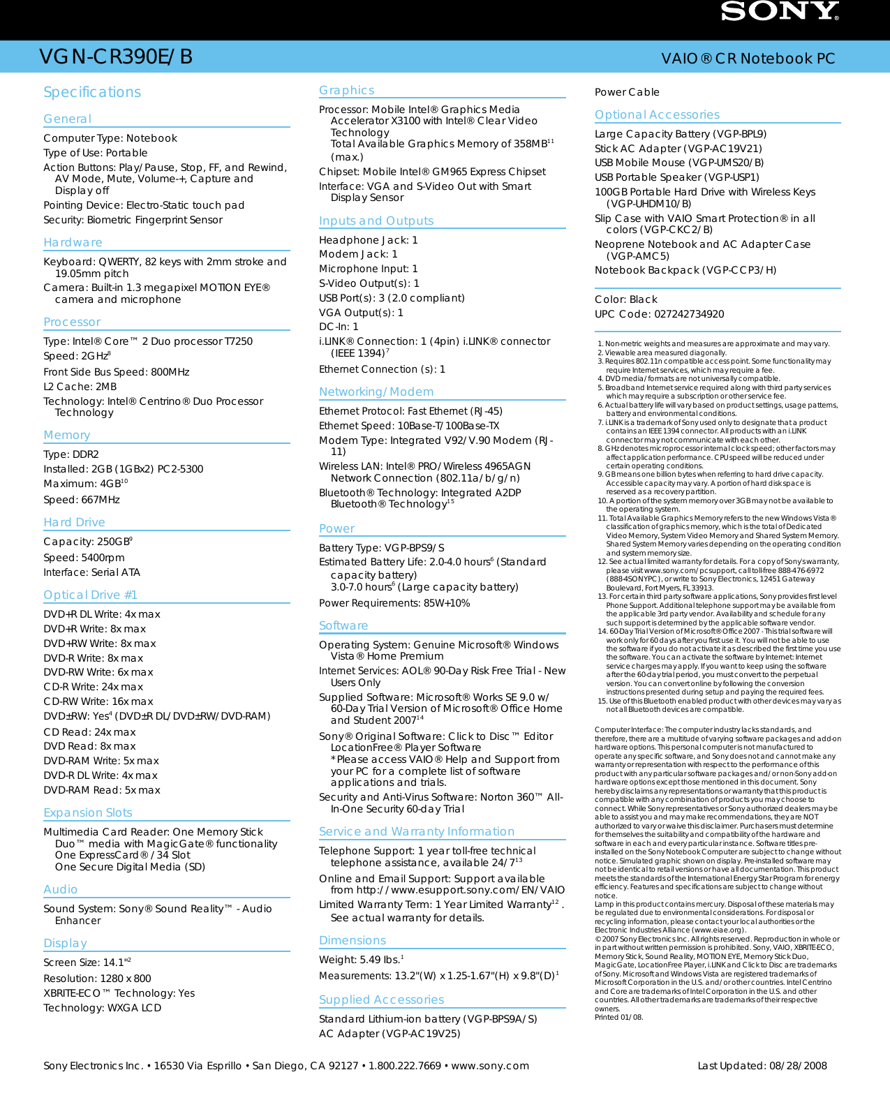 Page 2 of 2 - Sony Sony-Vgn-Cr390E-B-Marketing-Specifications-  Sony-vgn-cr390e-b-marketing-specifications