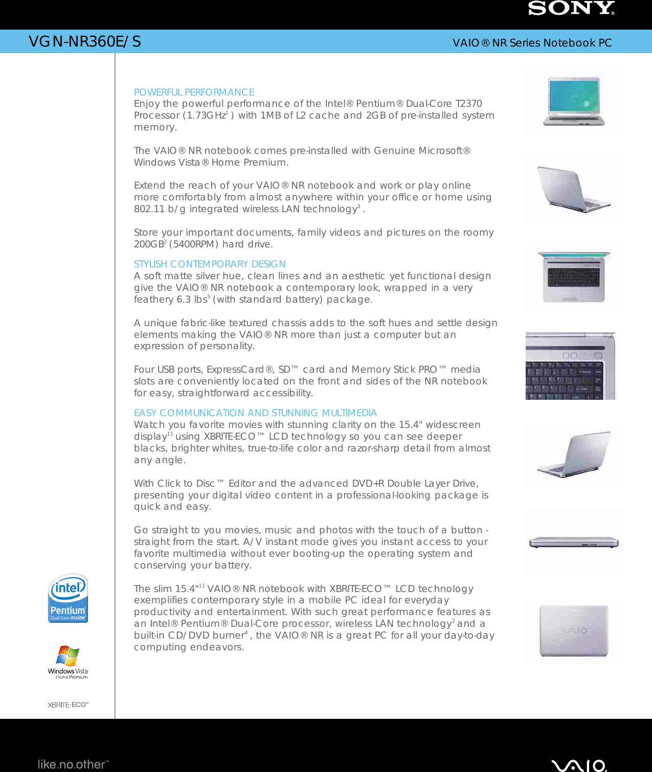 Page 1 of 2 - Sony Sony-Vgn-Nr360E-S-Marketing-Specifications-  Sony-vgn-nr360e-s-marketing-specifications