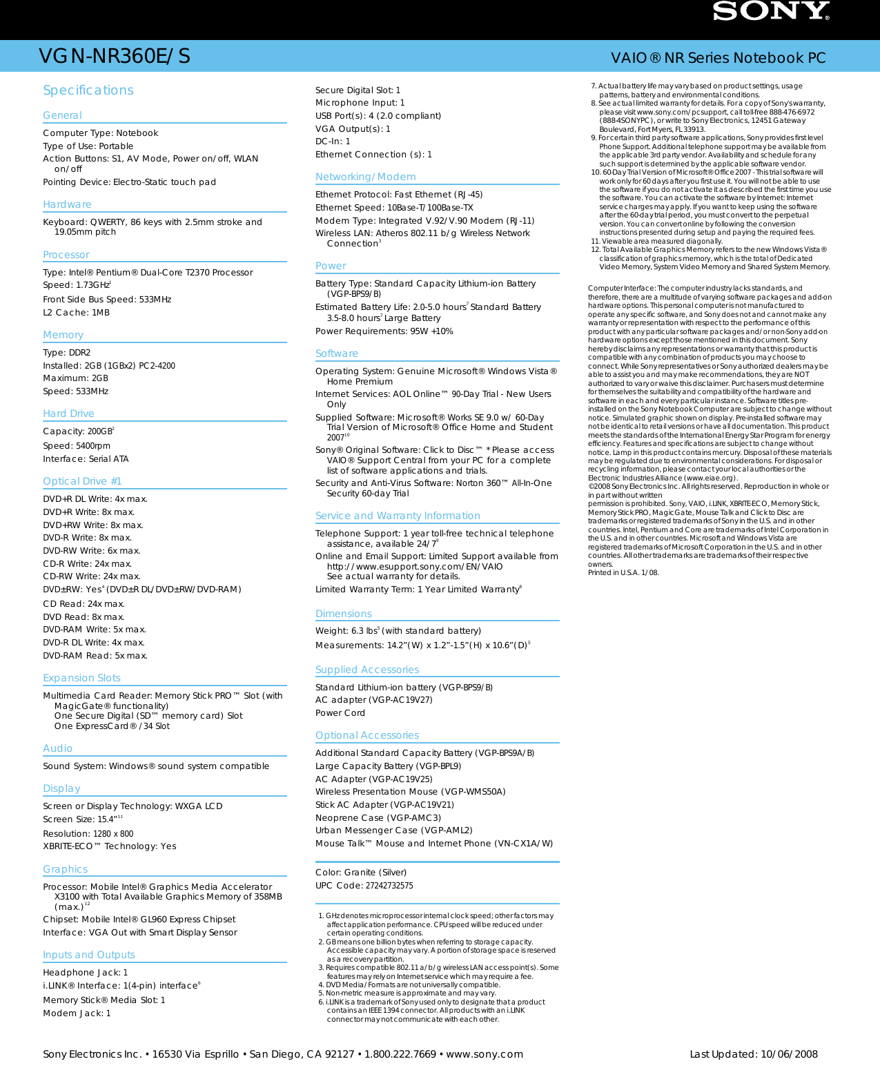 Page 2 of 2 - Sony Sony-Vgn-Nr360E-S-Marketing-Specifications-  Sony-vgn-nr360e-s-marketing-specifications