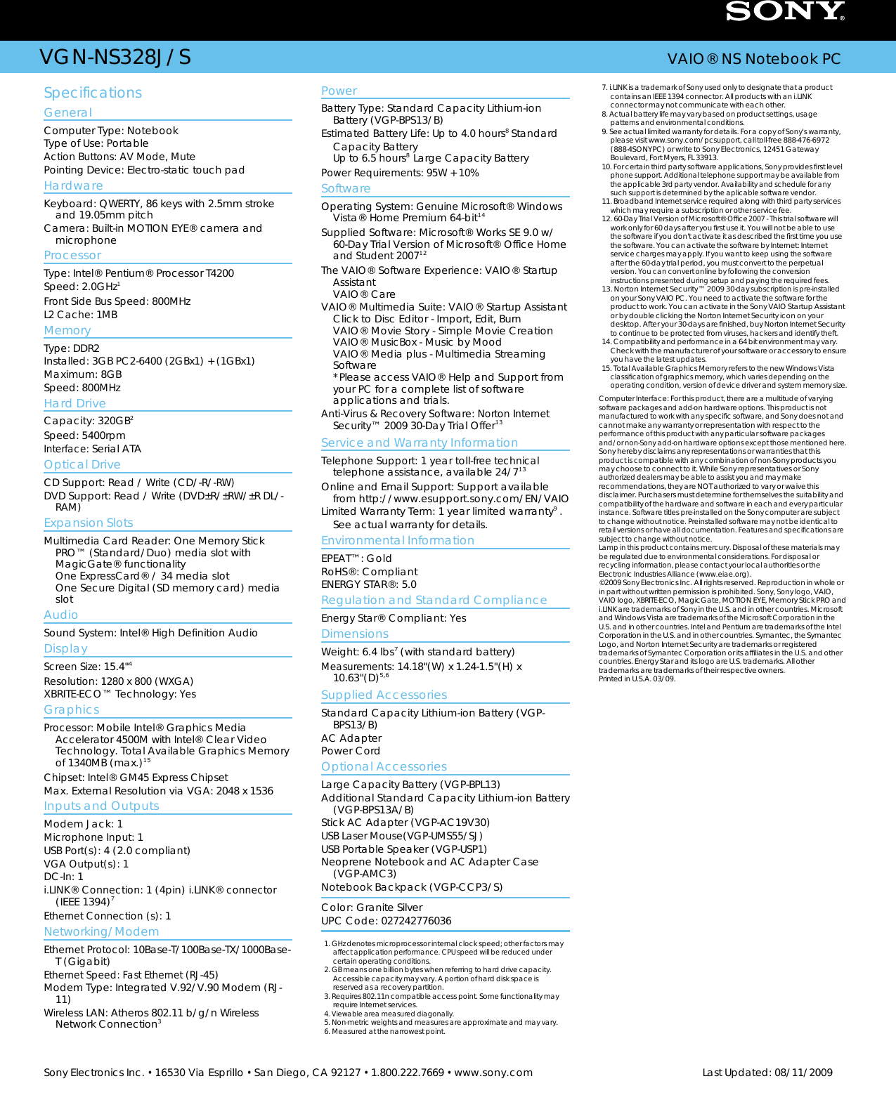 Page 2 of 2 - Sony Sony-Vgn-Ns328J-S-Marketing-Specifications-  Sony-vgn-ns328j-s-marketing-specifications