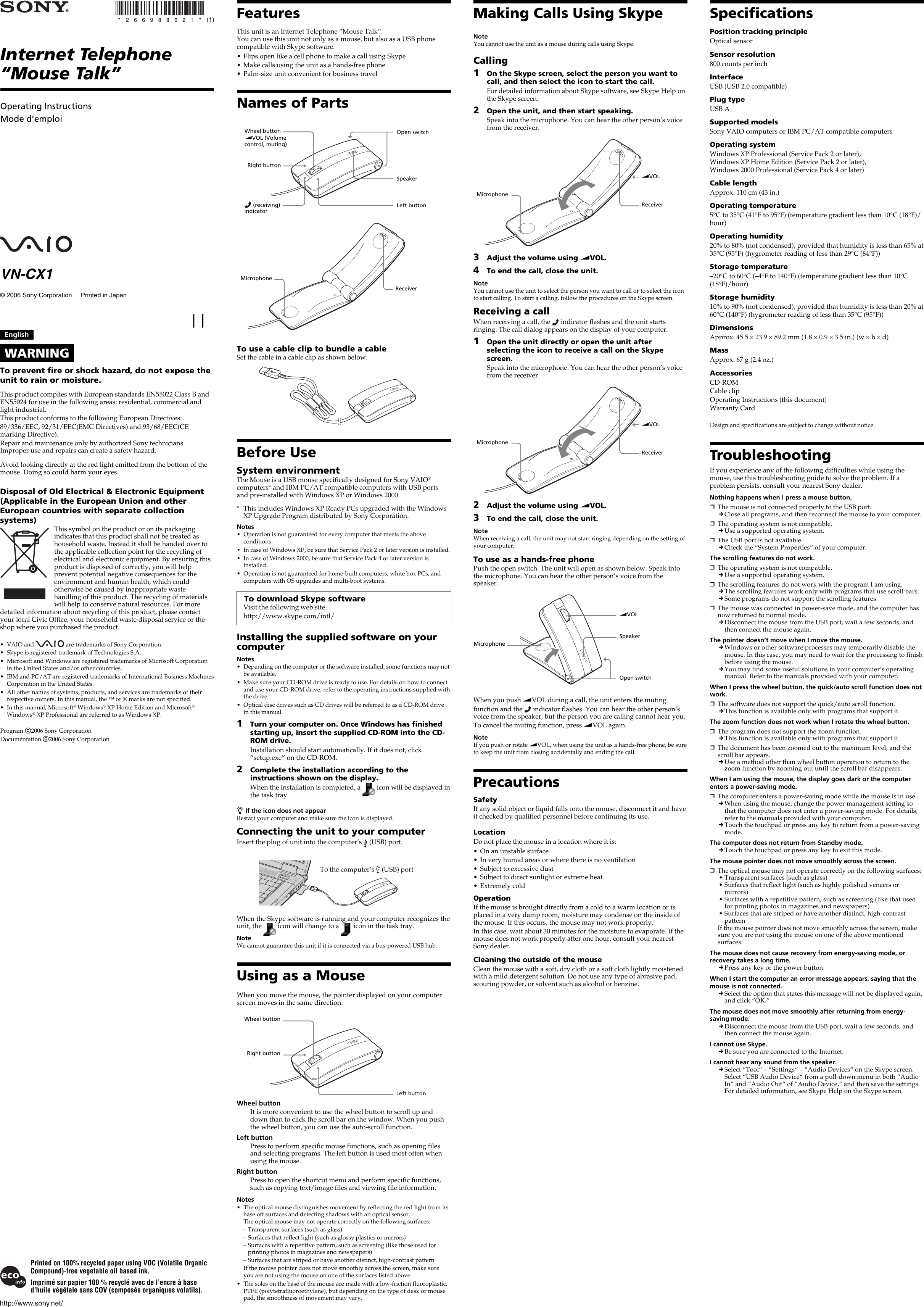 Page 1 of 2 - Sony Sony-Vn-Cx1-Operating-Instructions- VN-CX1  Sony-vn-cx1-operating-instructions