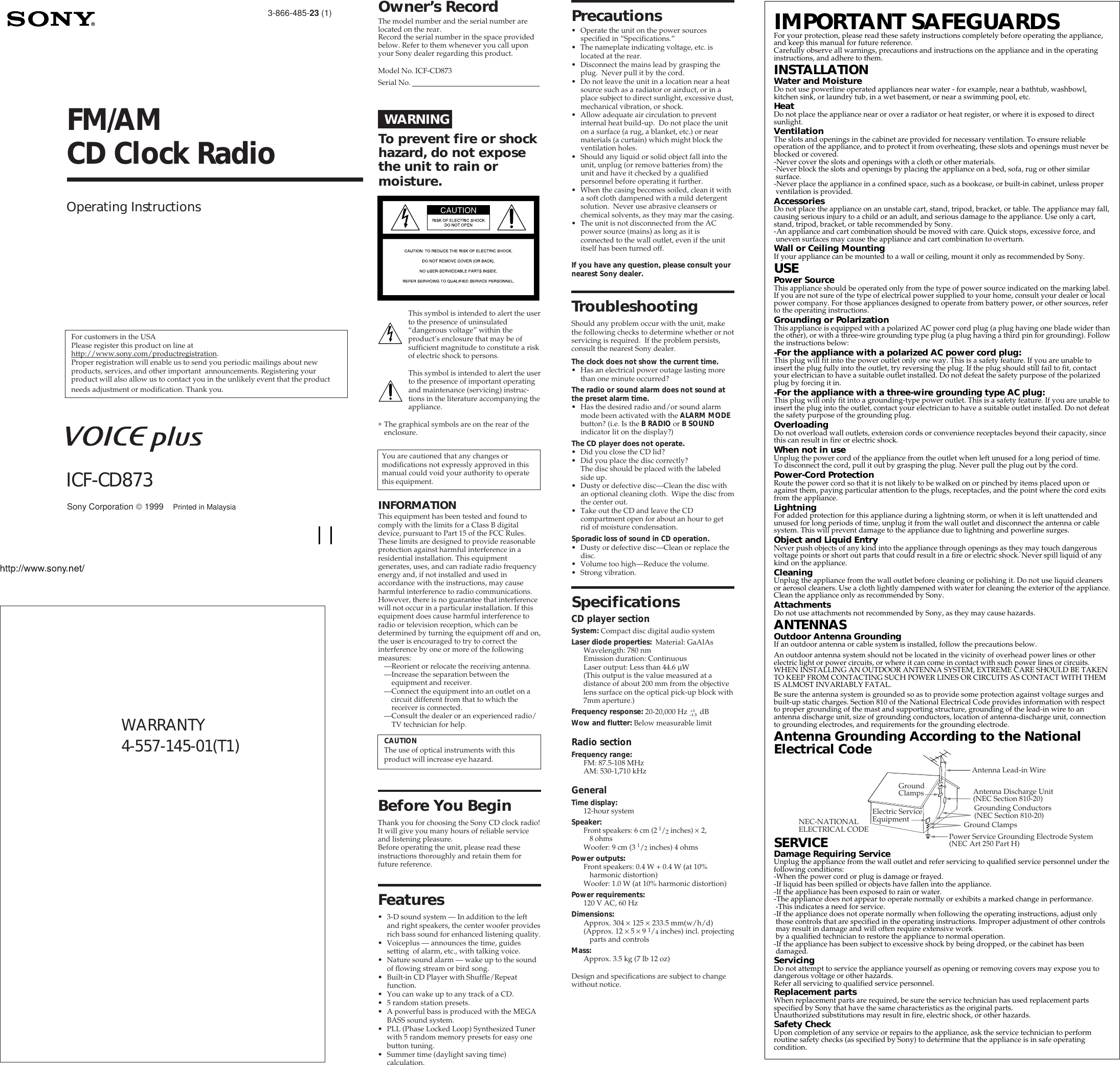 Page 1 of 2 - Sony Sony-Voice-Plus-Icf-Cd873-Users-Manual- ICFCD873  Sony-voice-plus-icf-cd873-users-manual