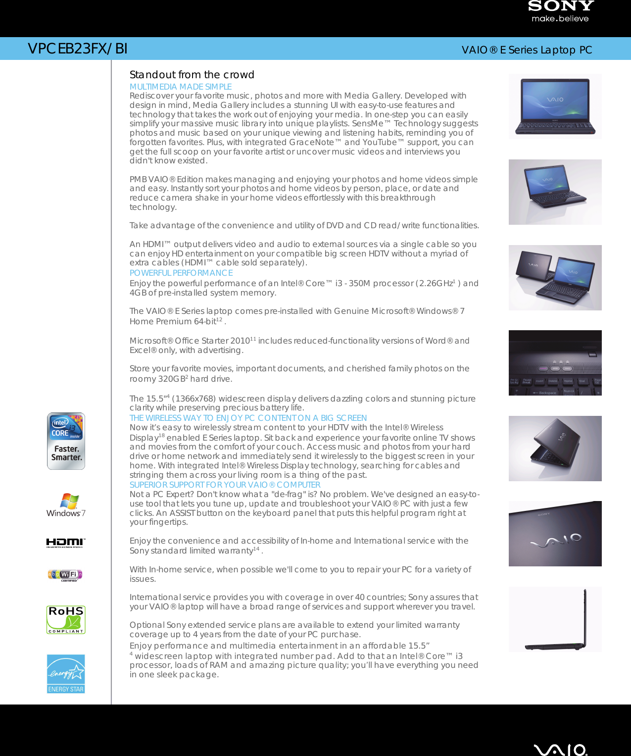 Page 1 of 2 - Sony Sony-Vpceb23Fx-Marketing-Specifications-  Sony-vpceb23fx-marketing-specifications