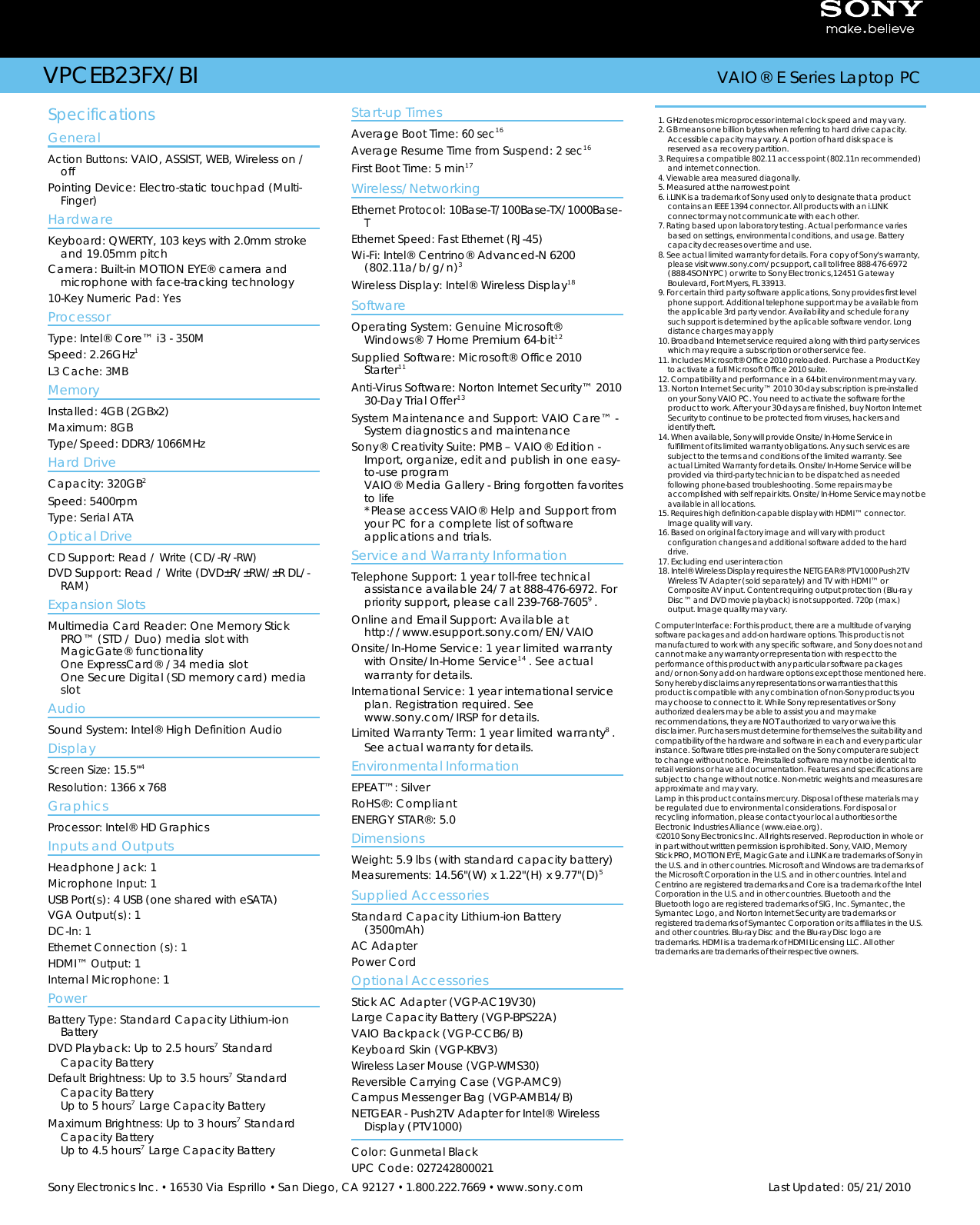 Page 2 of 2 - Sony Sony-Vpceb23Fx-Marketing-Specifications-  Sony-vpceb23fx-marketing-specifications