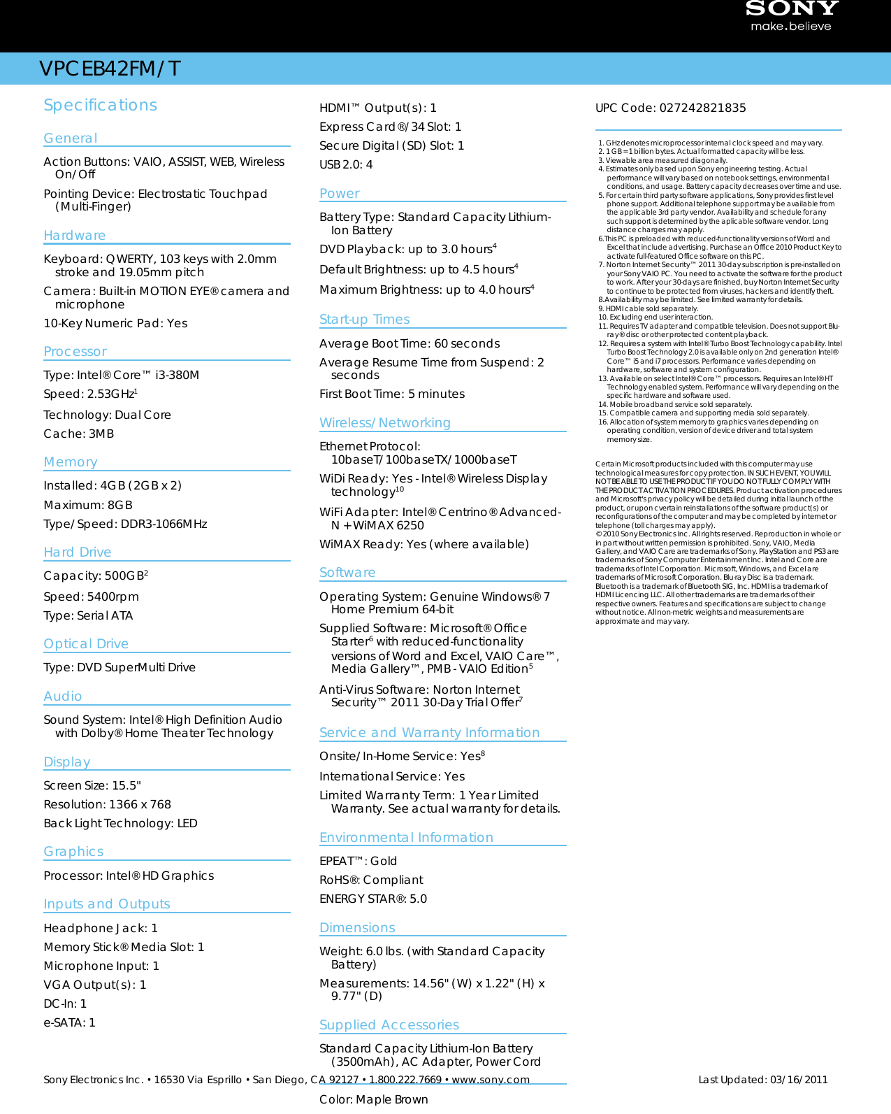 Page 2 of 2 - Sony Sony-Vpceb42Fm-T-Marketing-Specifications-  Sony-vpceb42fm-t-marketing-specifications