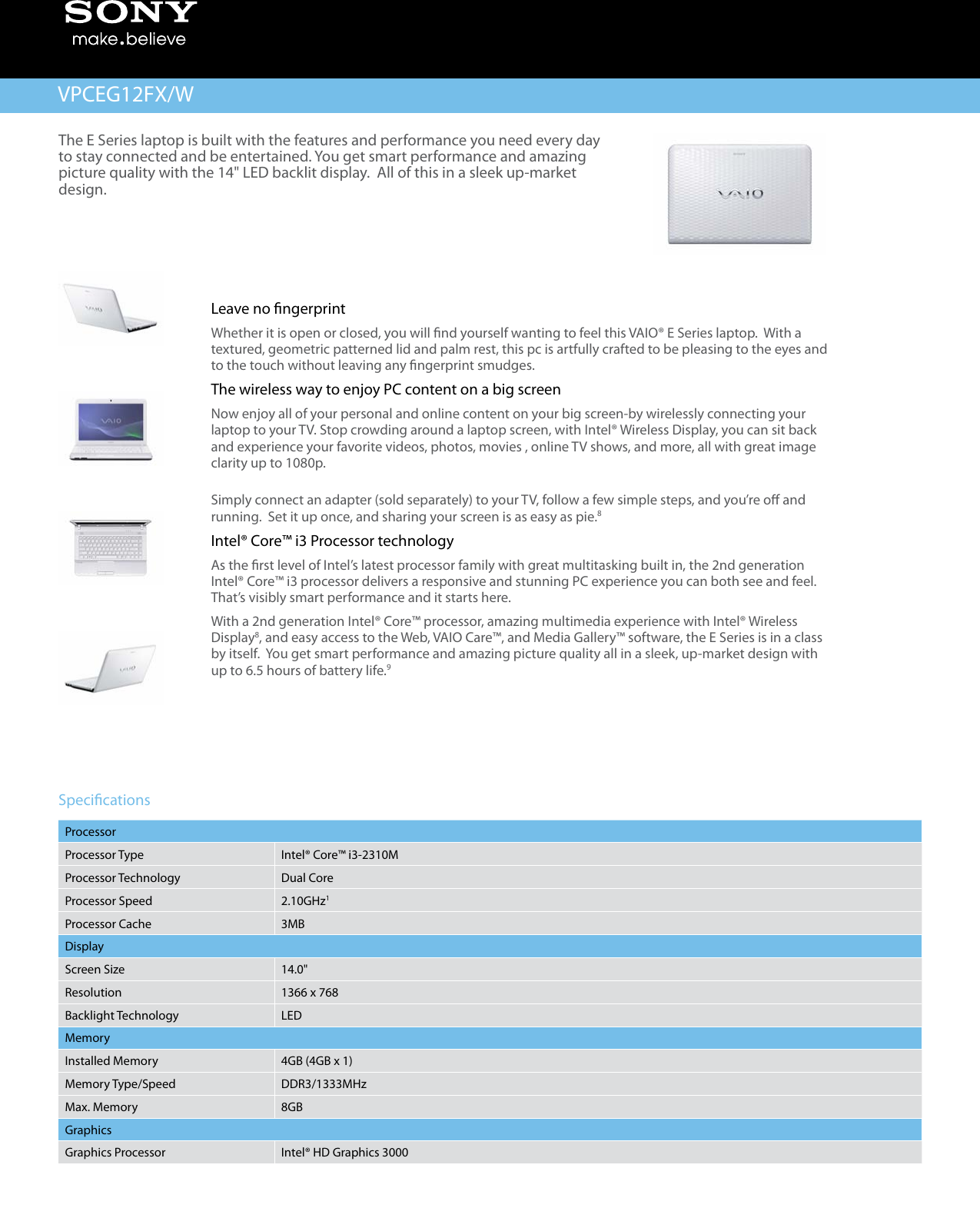 Sony Vpceg12Fx W Marketing Specifications