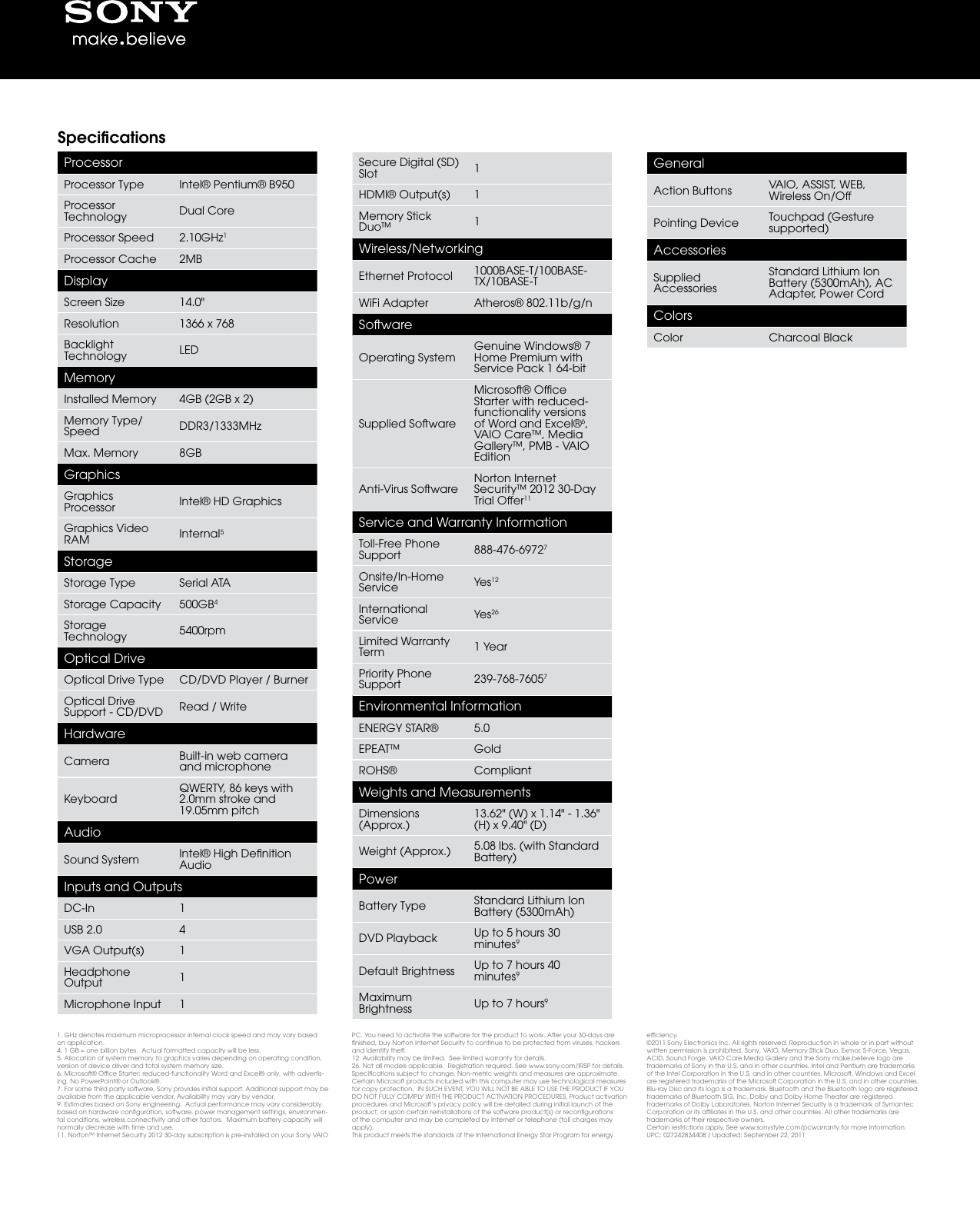 Page 2 of 2 - Sony Sony-Vpceg21Fx-Marketing-Specifications-  Sony-vpceg21fx-marketing-specifications