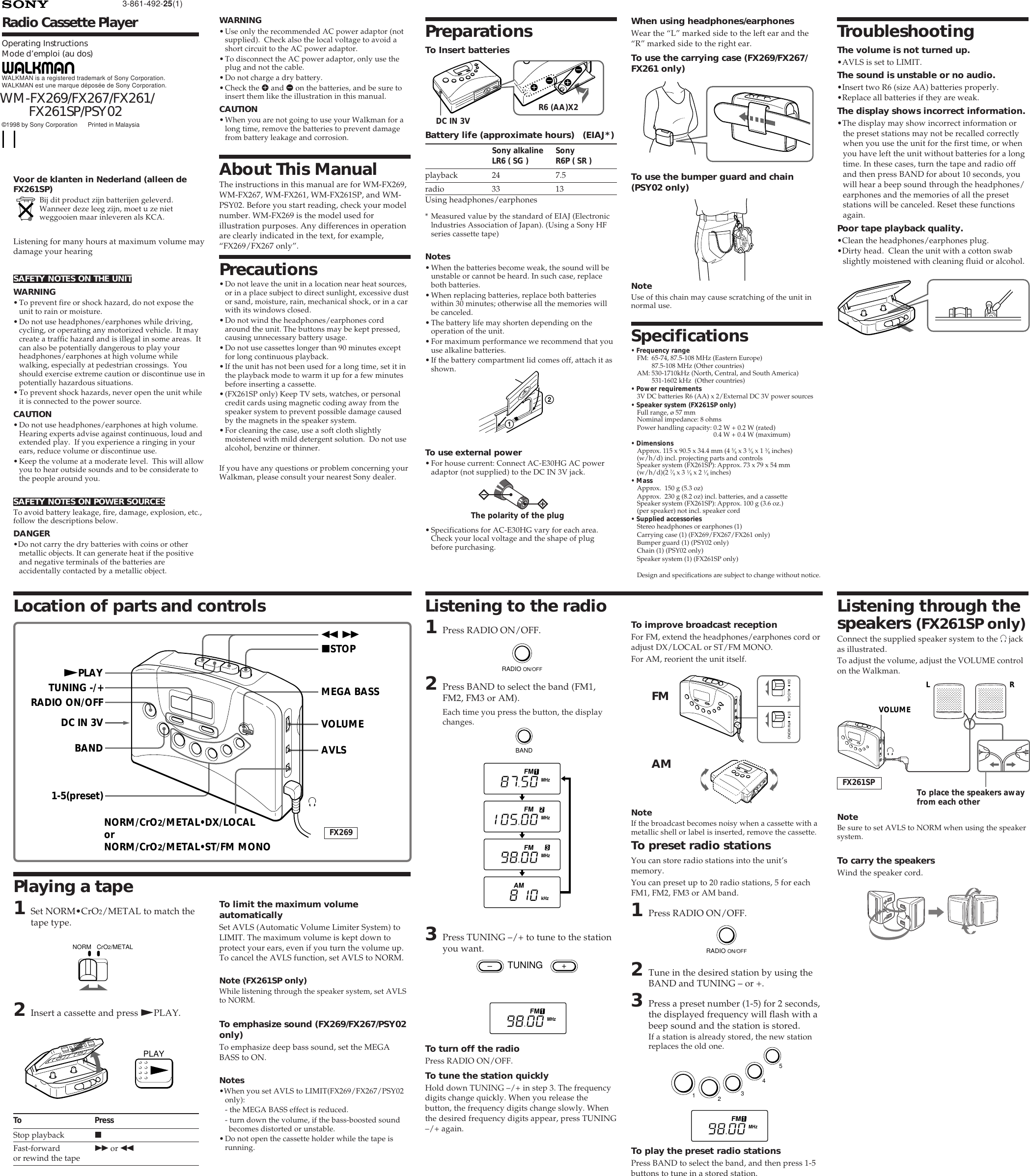 Page 1 of 2 - Sony Sony-Walkman-Wm-Fx261-Users-Manual- WM-FX269-261  Sony-walkman-wm-fx261-users-manual