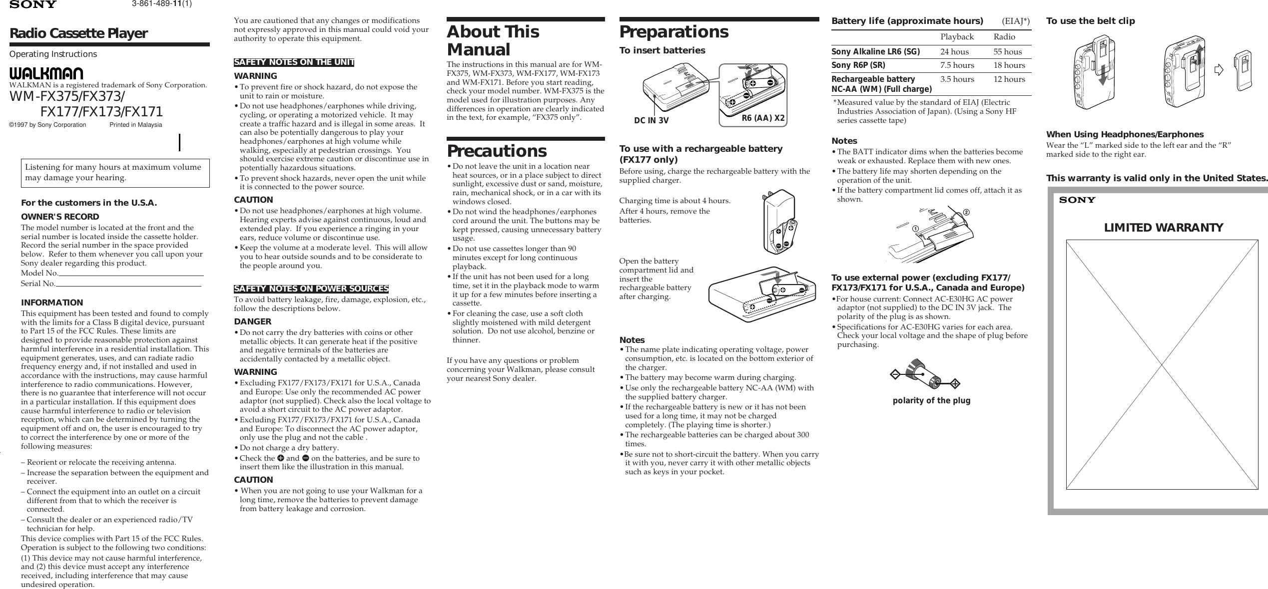 Sony Walkman Wm Fx375 Users Manual FX375/FX373/FX177/FX173/FX171