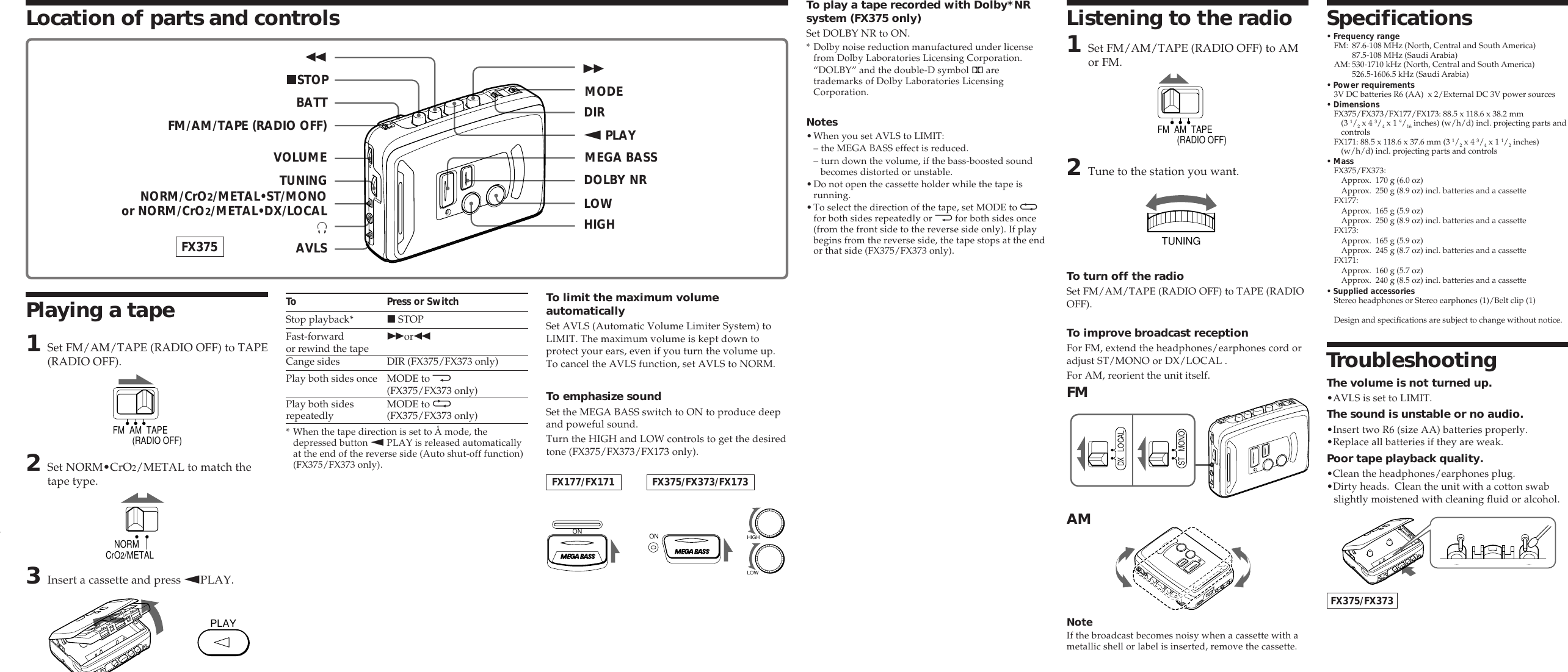Page 2 of 2 - Sony Sony-Walkman-Wm-Fx375-Users-Manual- WM-FX375/FX373/FX177/FX173/FX171 Sony-walkman-wm-fx375-users-manual